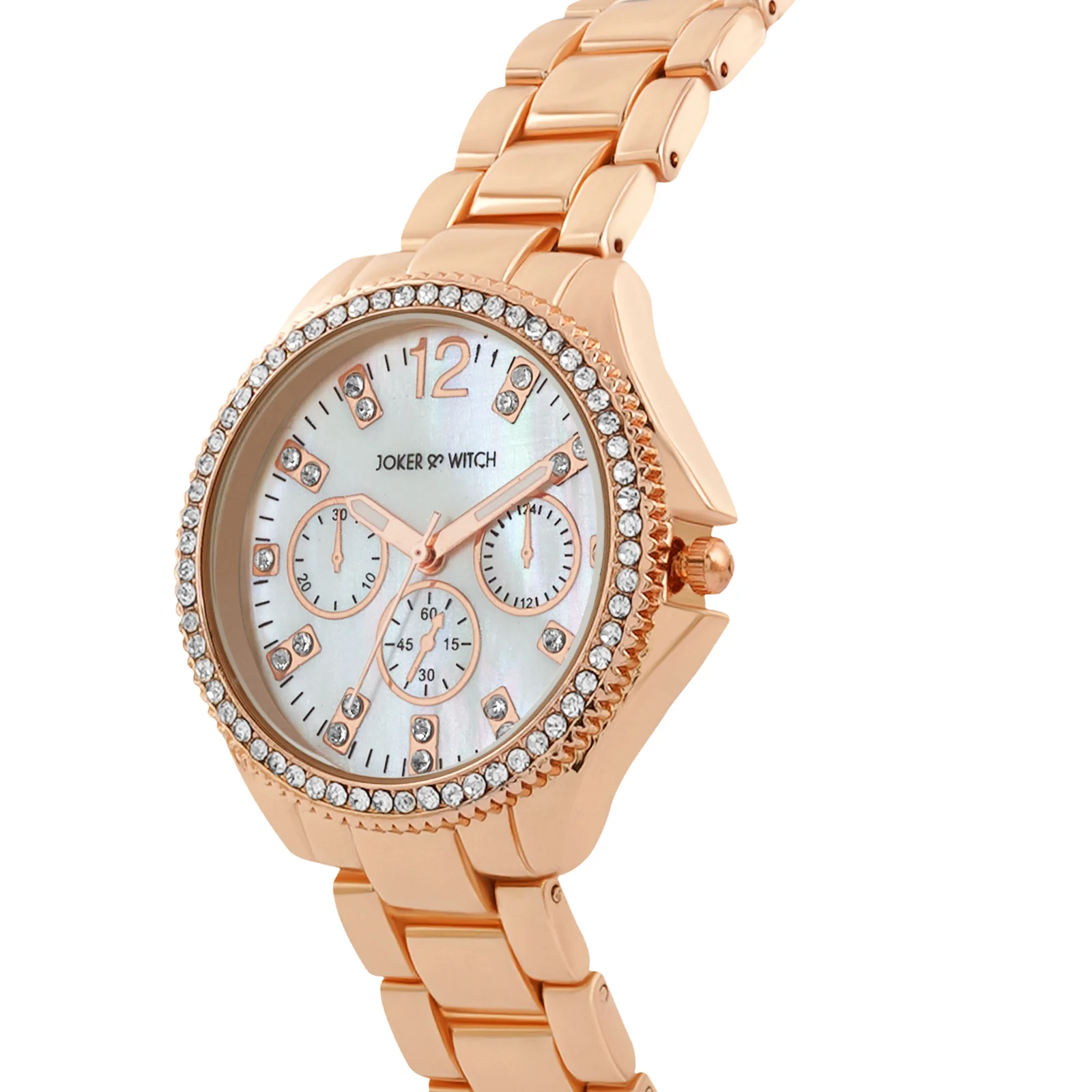 Reina White MOP Medium Rhinestone Dial Rose Gold Linked Chain Strap Women's Watch - Image 4