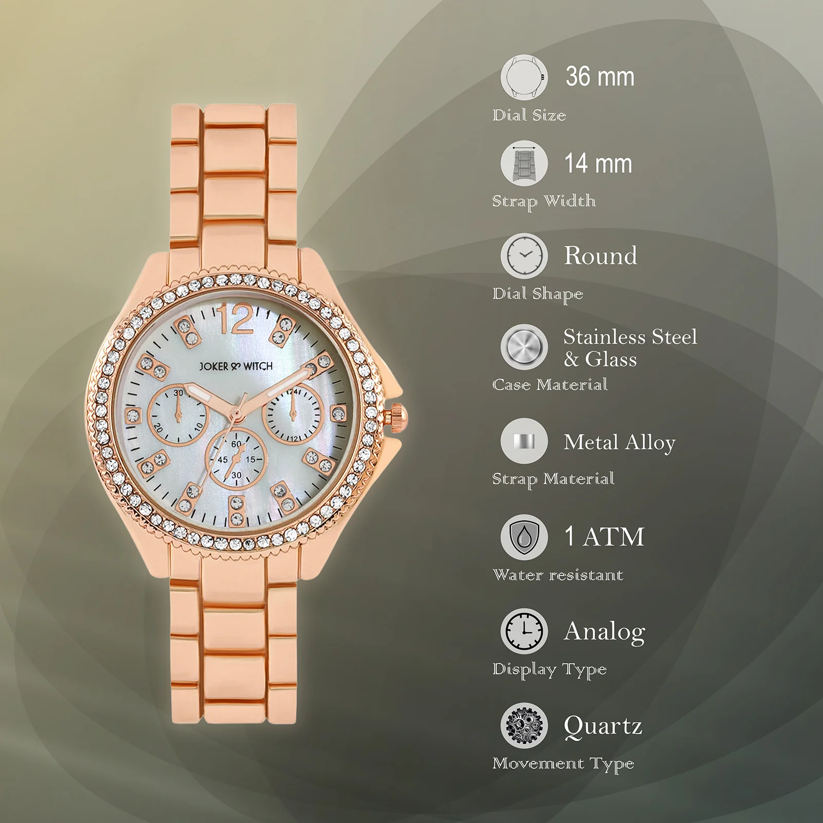 Reina White MOP Medium Rhinestone Dial Rose Gold Linked Chain Strap Women's Watch - Image 7