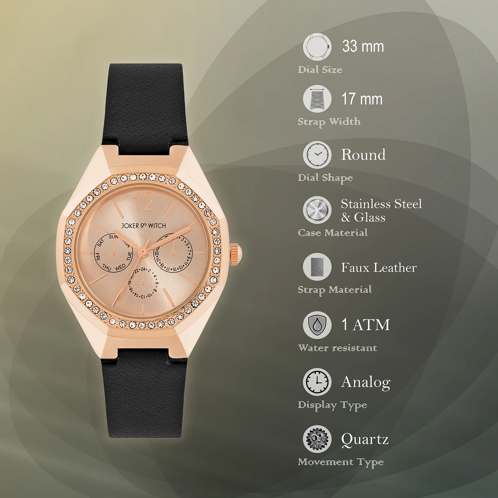 Roey Rose Gold Sunray Dial Black PU Strap Women's Watch - Image 7
