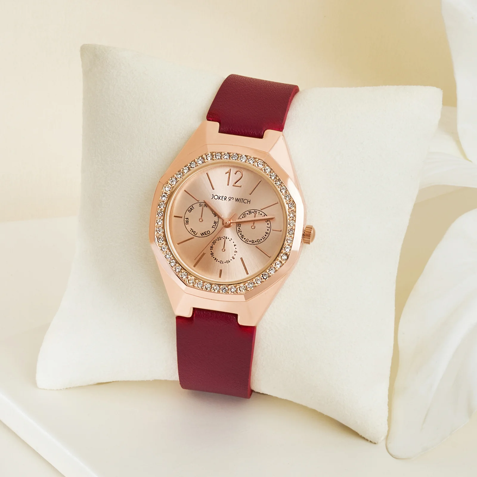 Roey Rose Gold Sunray Dial Maroon PU Strap Women's Watch