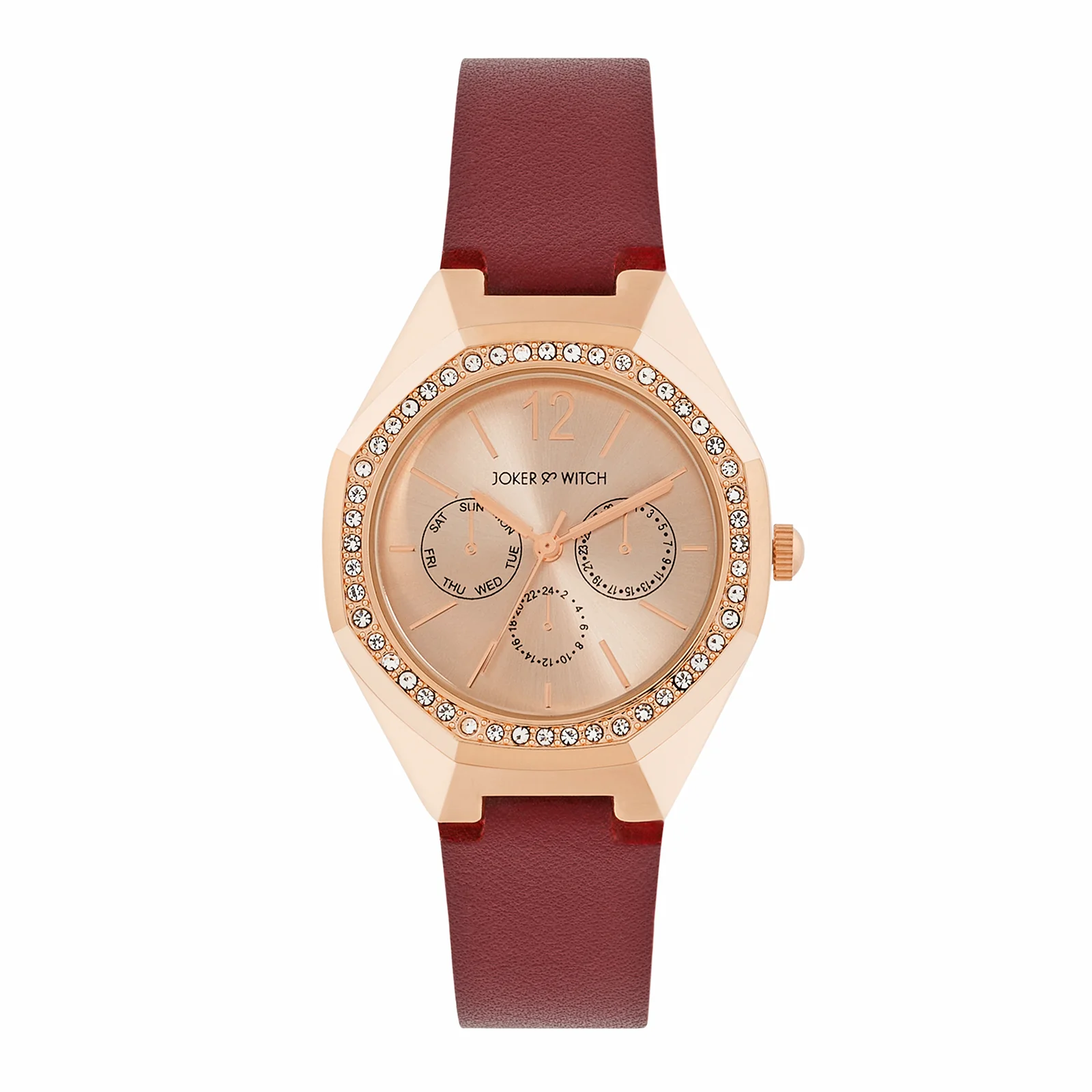 Roey Rose Gold Sunray Dial Maroon PU Strap Women's Watch - Image 2