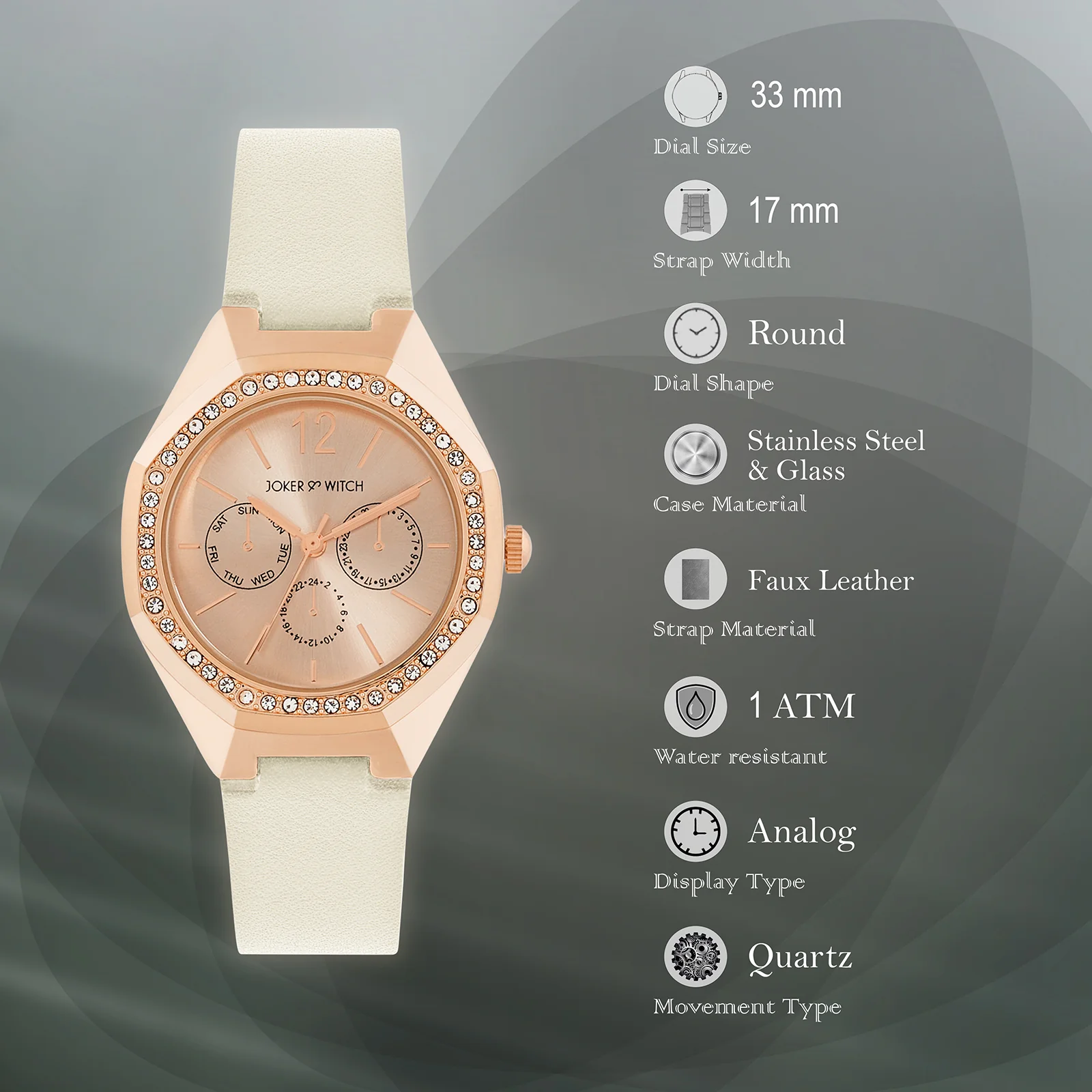 Roey Rose Gold Sunray Dial Offwhite PU Strap Women's Watch - Image 7