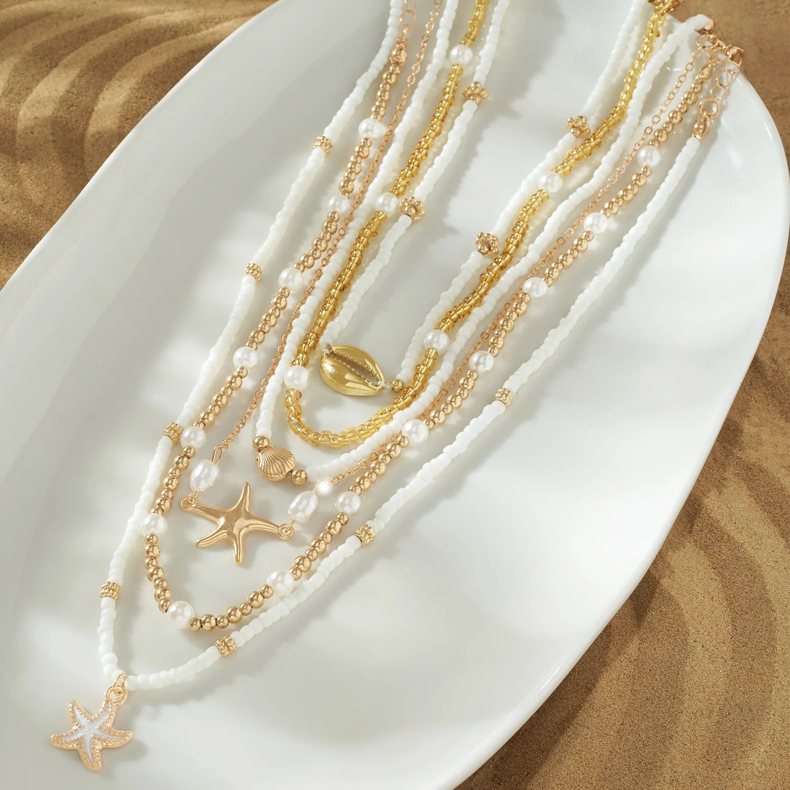 Sandy Pearl Gold & White Chunky Layered Necklace - Image 2