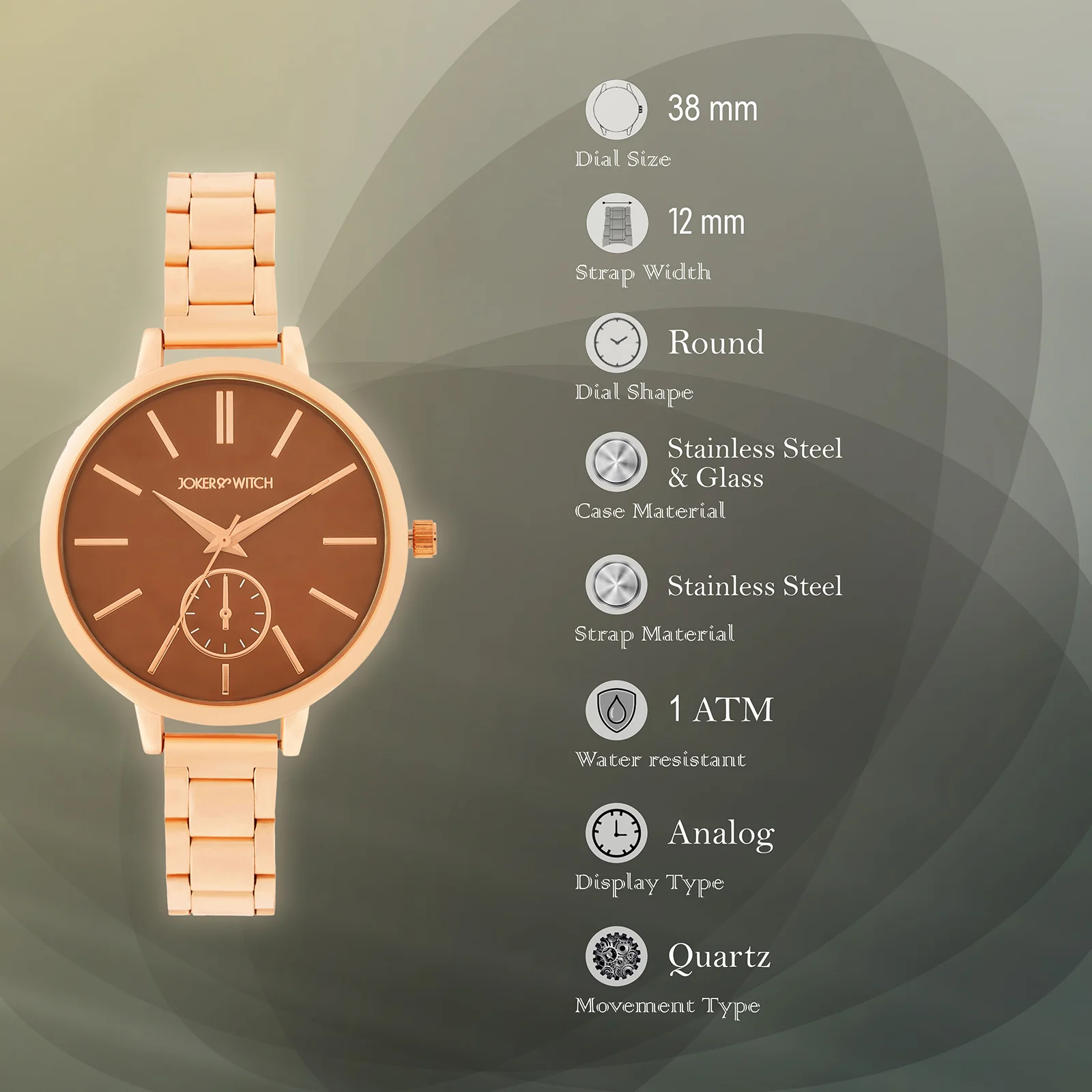 Sleek Brown Large Dial Rose Gold Linked Chain Strap Women's Watch - Image 7