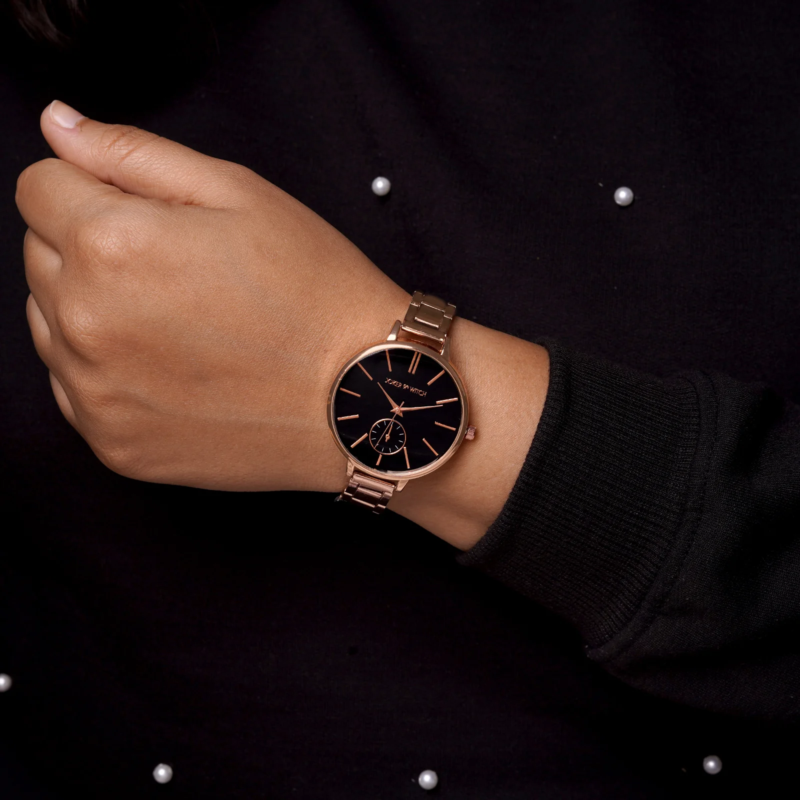 Sleek Black Large Dial Rose Gold Linked Chain Strap Women's Watch