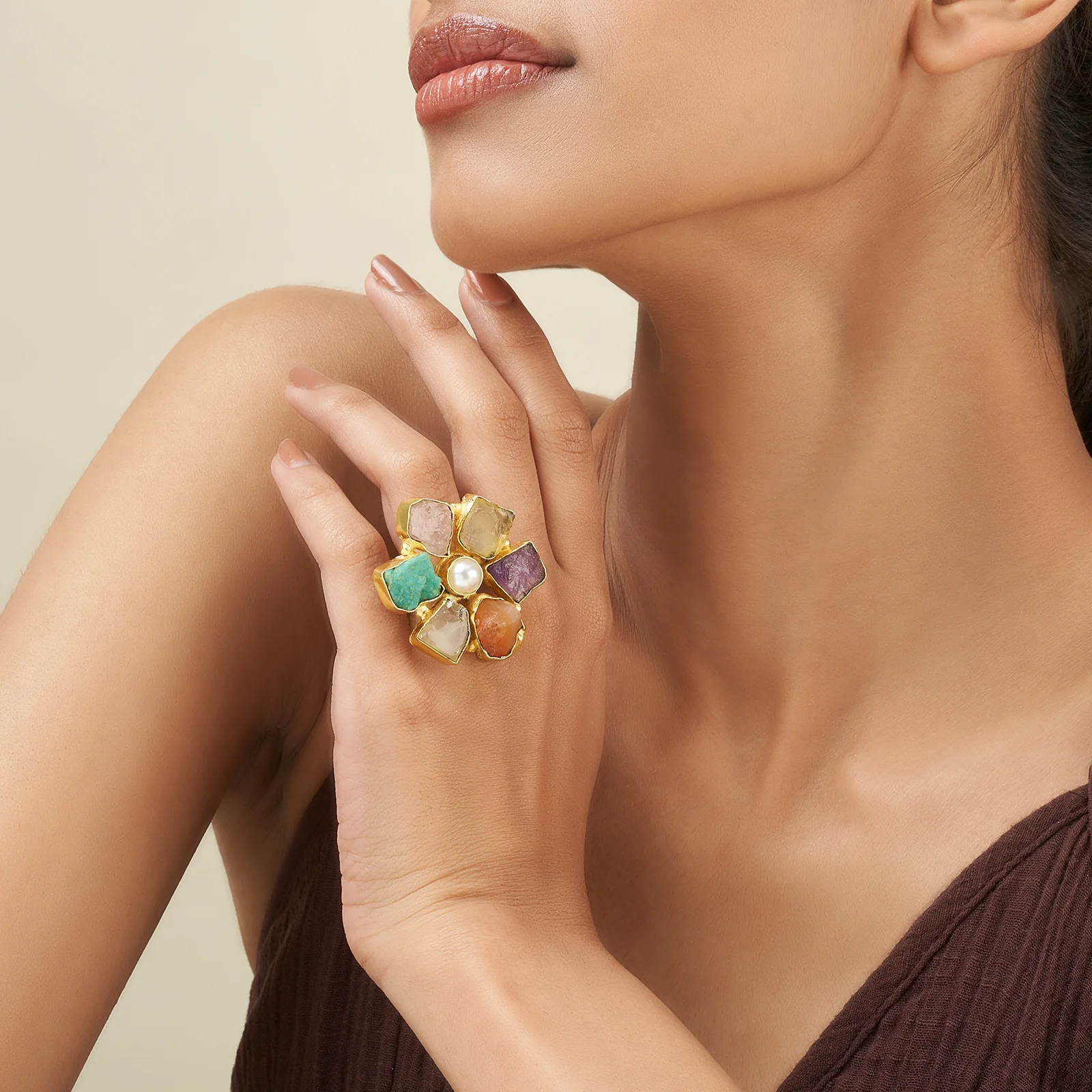 Soléa Multicolored Natural Stone Flower Ring - Image 2