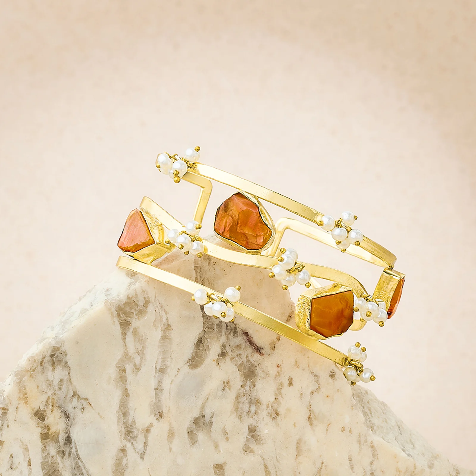 Soléa Orange Natural Stone Pearl Cuff Bracelet - Image 2
