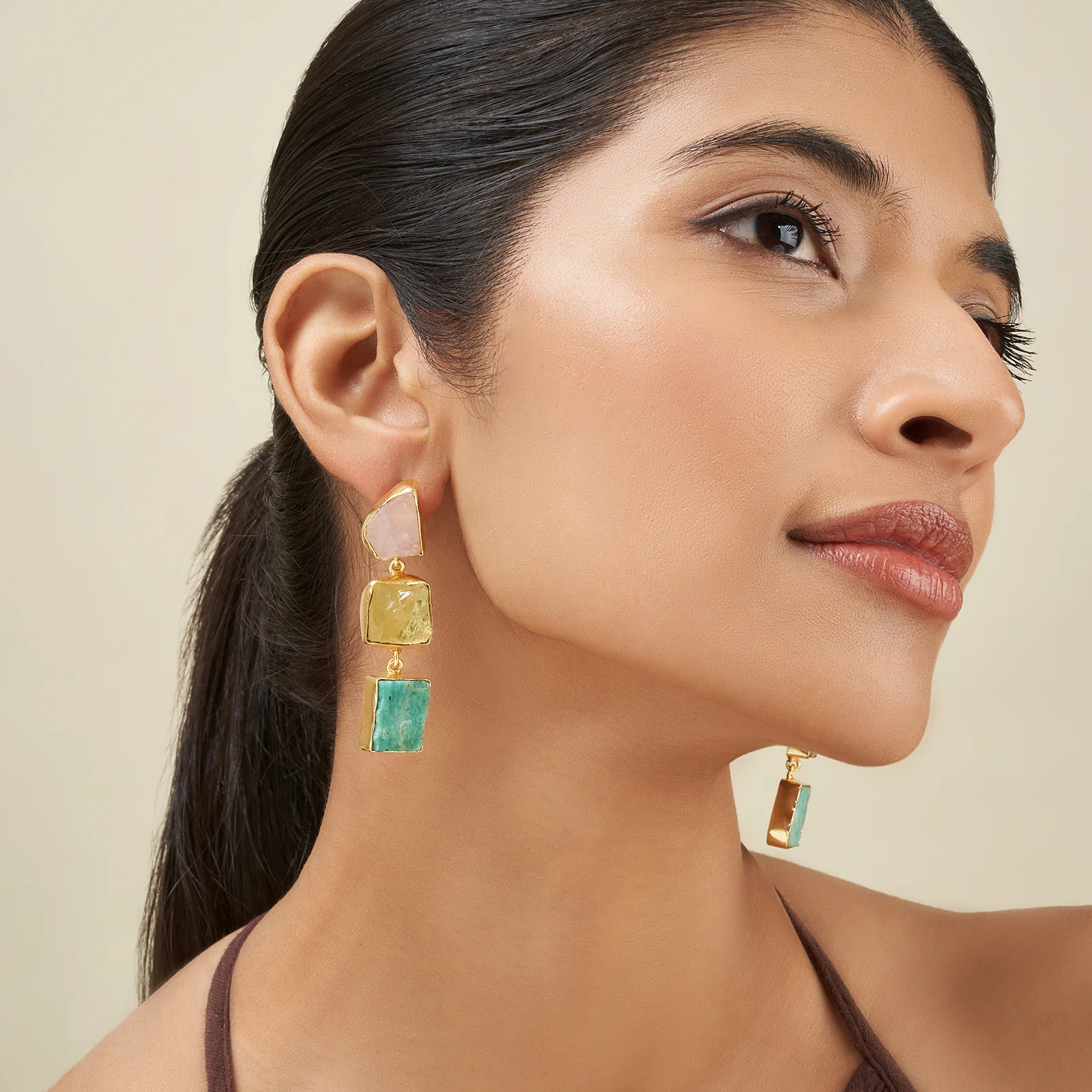 Soléa Pink Yellow Turquoise Natural Stone Danglers - Image 2
