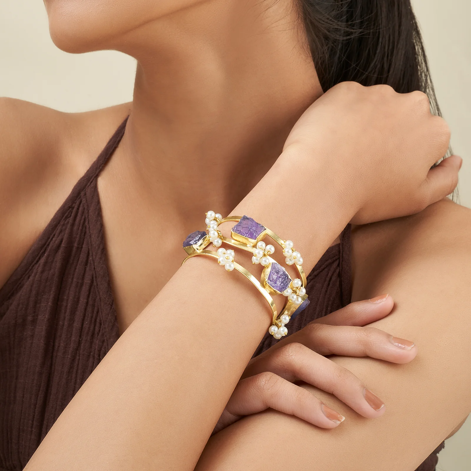 Soléa Purple Natural Stone Pearl Cuff Bracelet - Image 2