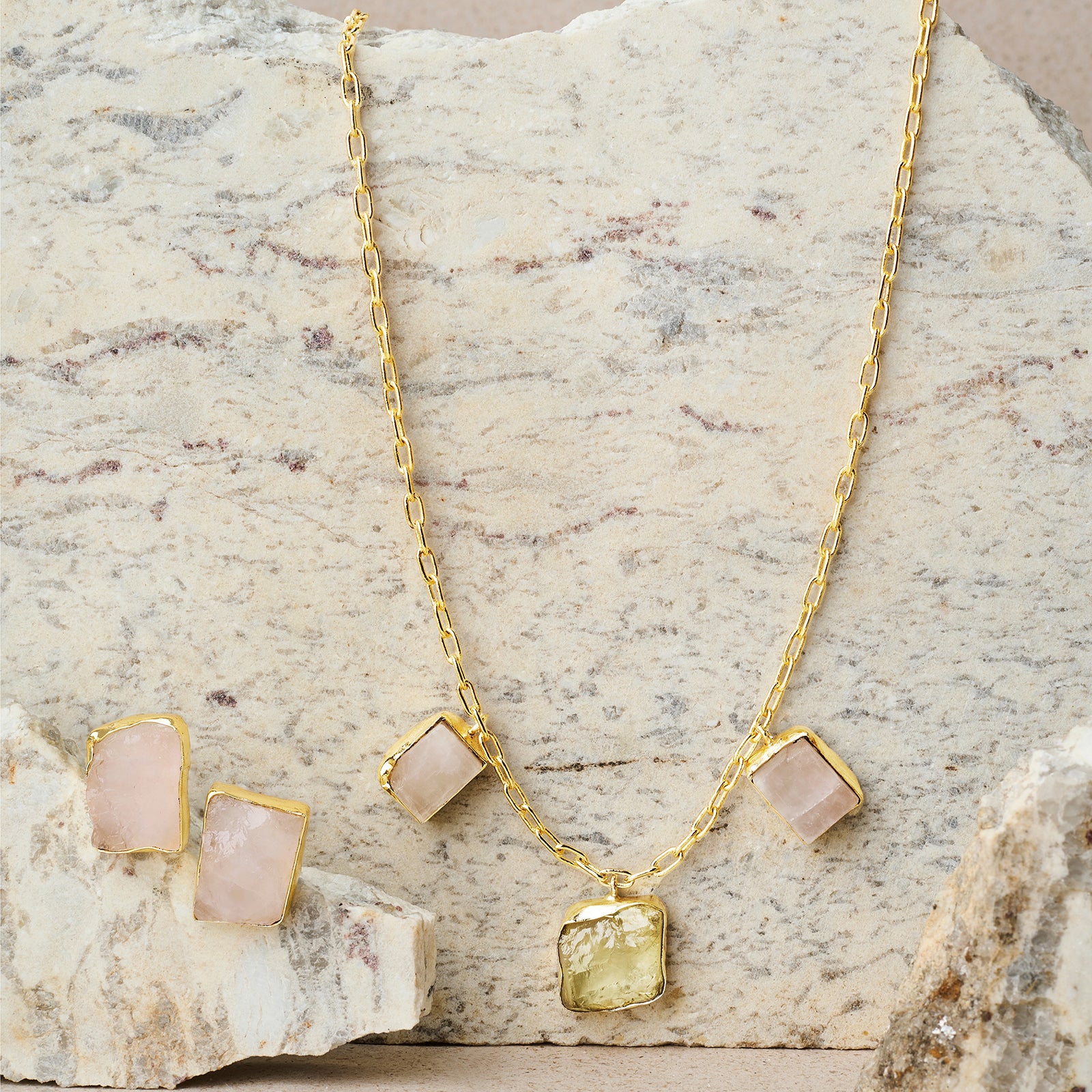 Soléa Yellow & Pink Trio Natural Stone Necklace Set - Image 2