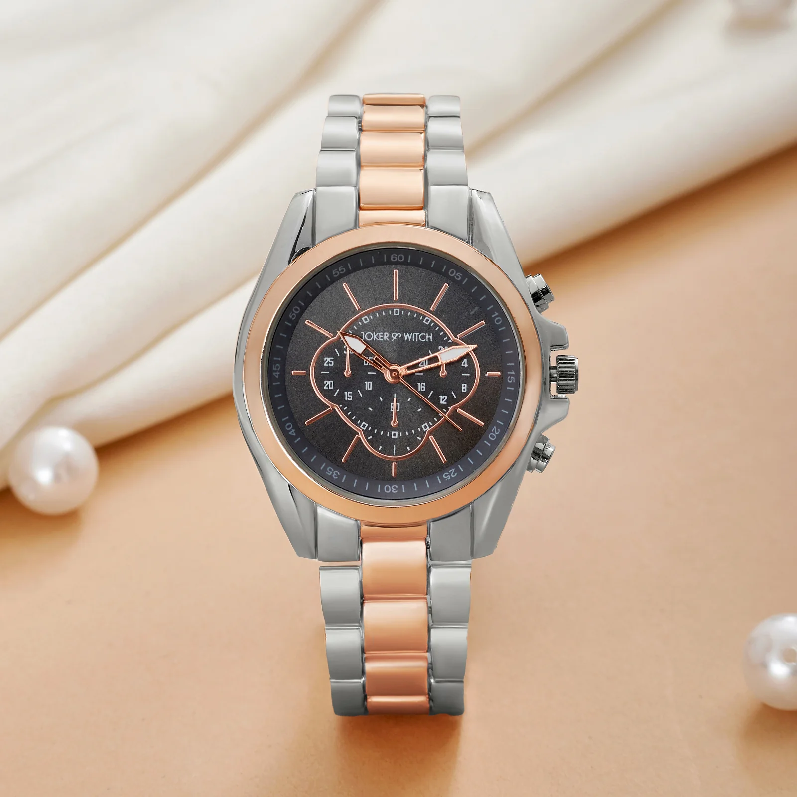 Stellar Black Large Dial Dual Tone Linked Chain Strap Women's Watch
