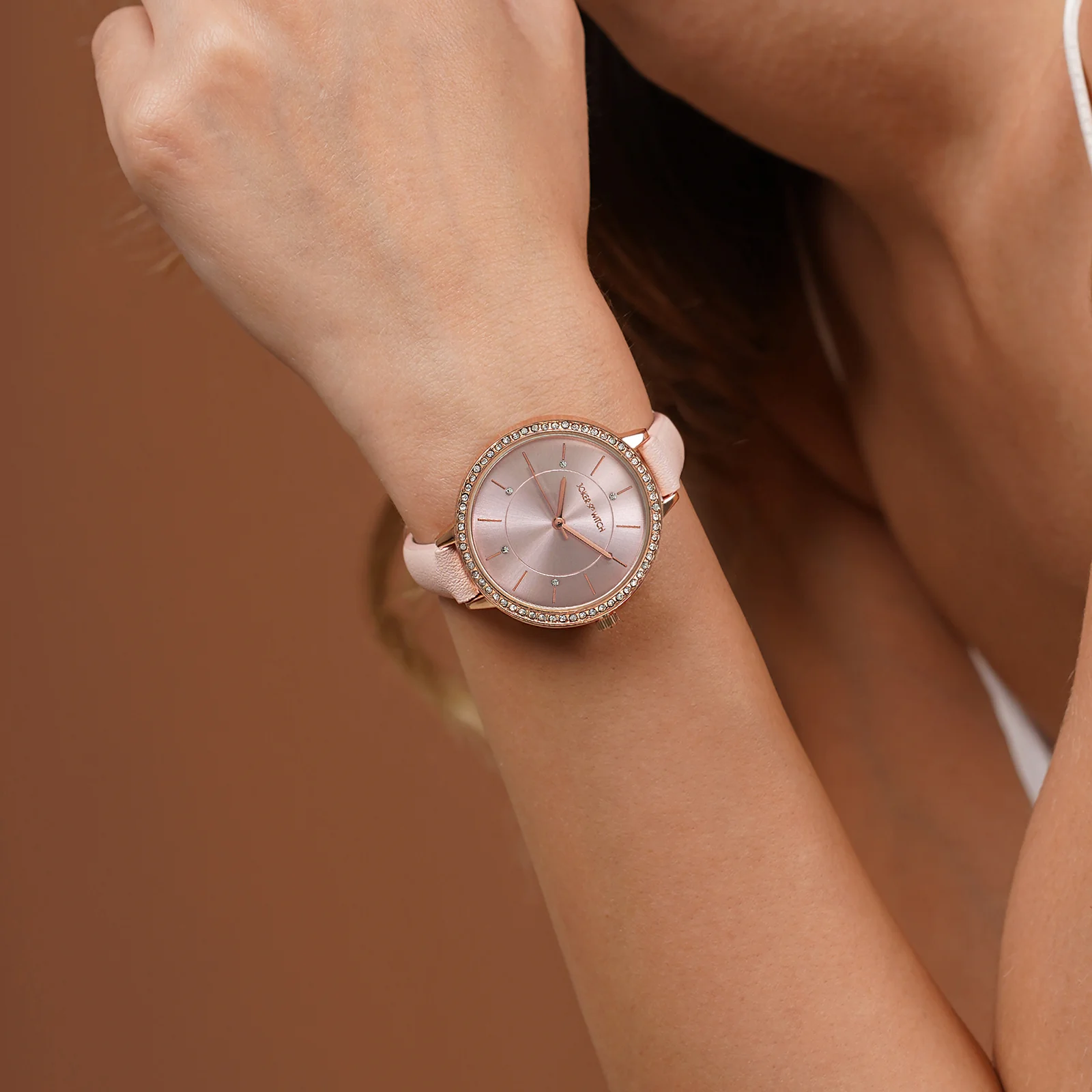 Sunrise Pink Medium Rhinestone Dial PU Strap Women's Watch
