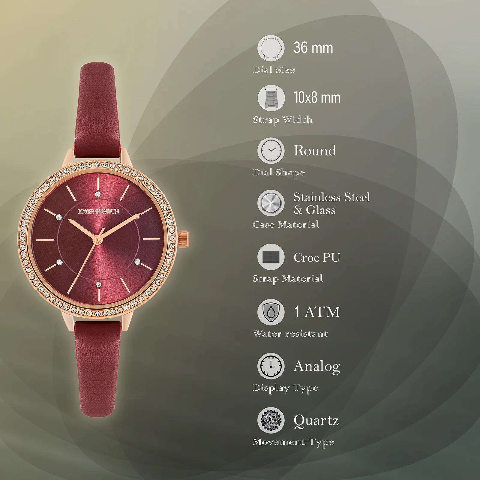 Sunrise Maroon Medium Rhinestone Dial PU Strap Women's Watch - Image 7