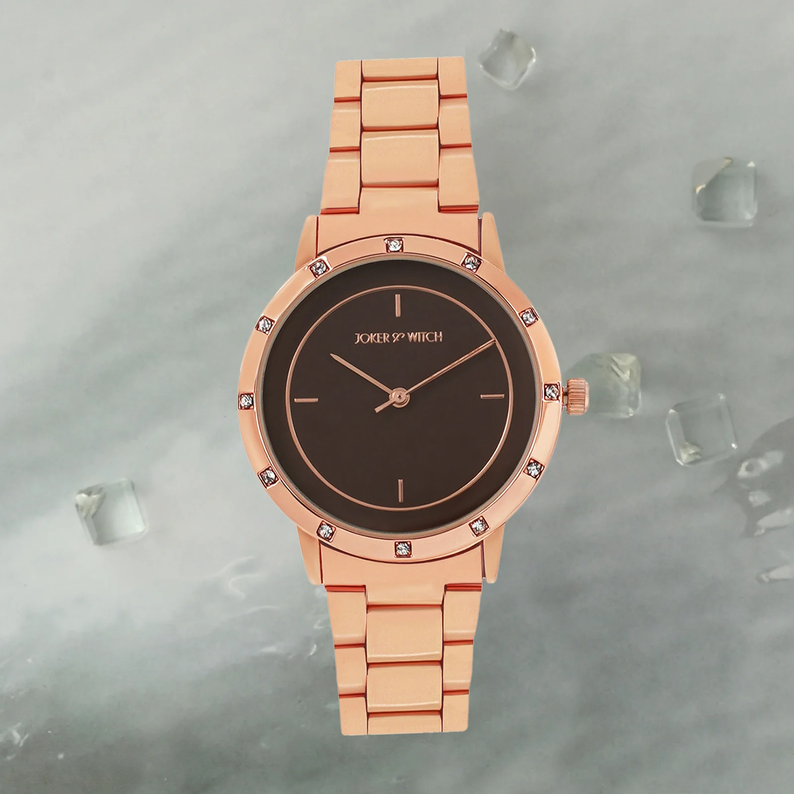 Sunset Brown Medium Rhinestone Dial Rose Gold Linked Chain Strap Women's Watch