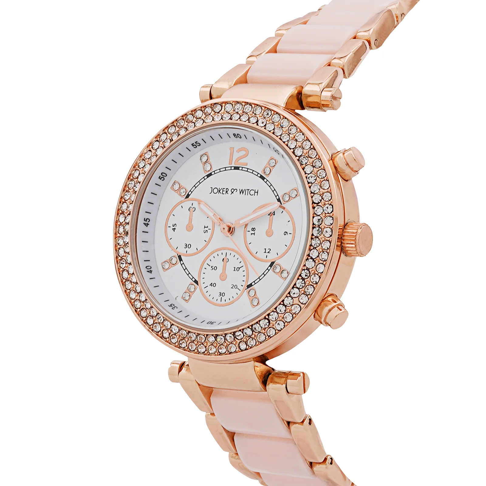 Suzanne White Large Rhinestone Dial Pink Ceramic Linked Chain Strap Women's Watch - Image 4