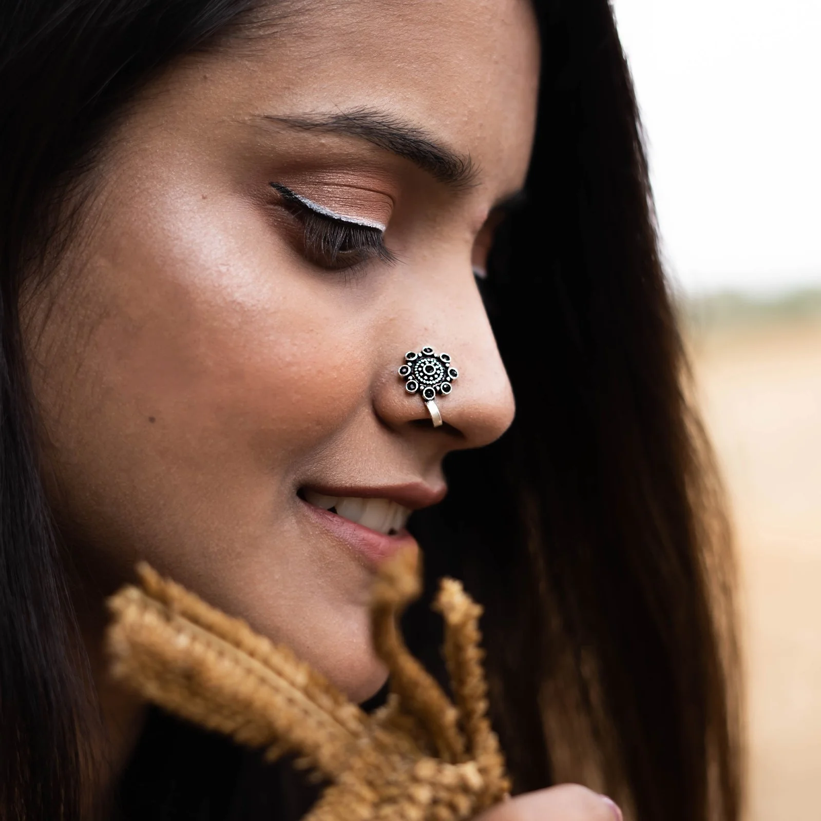 Teejh Aagamya Black Stone Ethnic Silver Oxidised Nose Pin