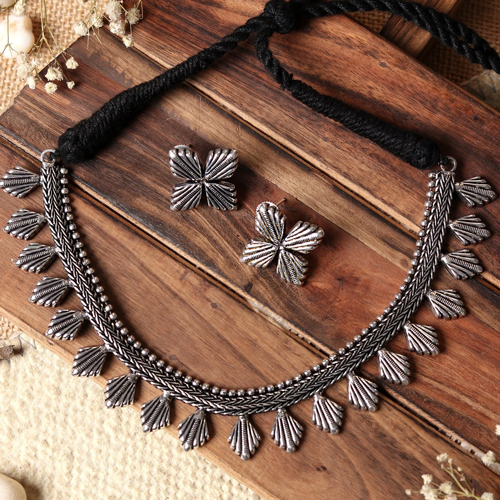 Teejh Aaloka Silver Oxidised Choker Necklace Set