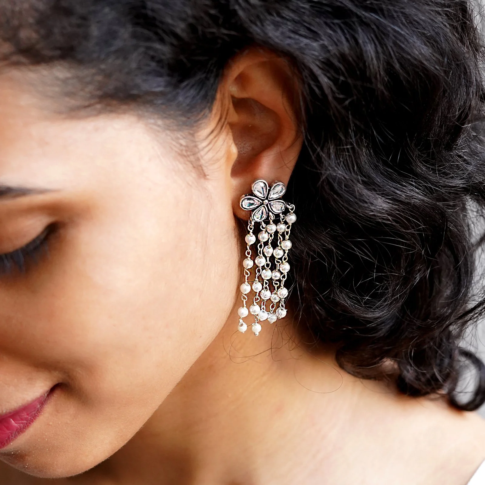 Teejh Blossom Polki Silver Oxidized Pearl Earrings - Image 2