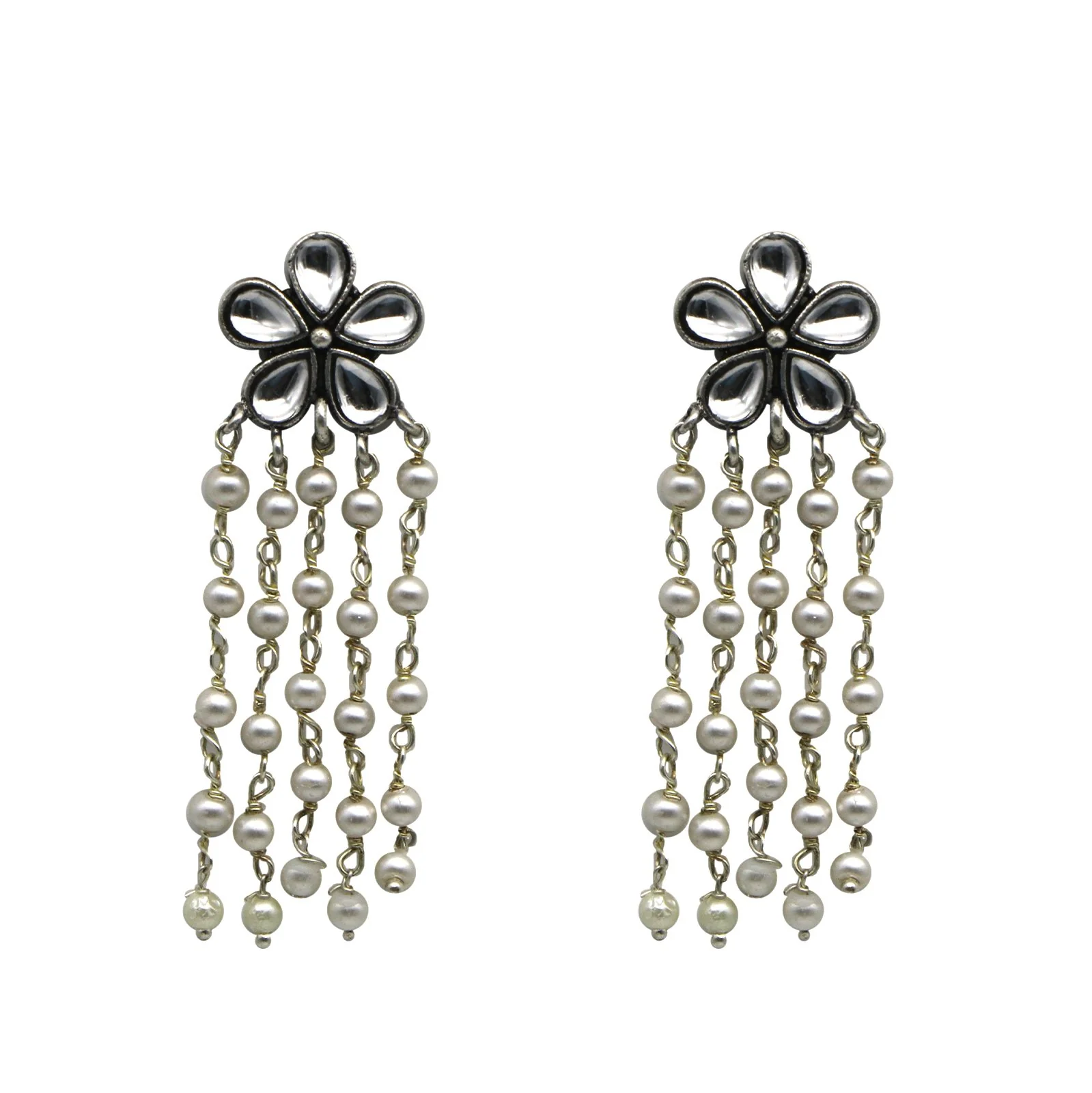 Teejh Blossom Polki Silver Oxidized Pearl Earrings - Image 3