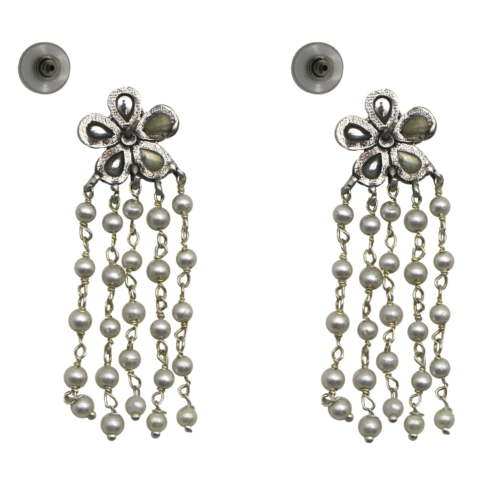 Teejh Blossom Polki Silver Oxidized Pearl Earrings - Image 4