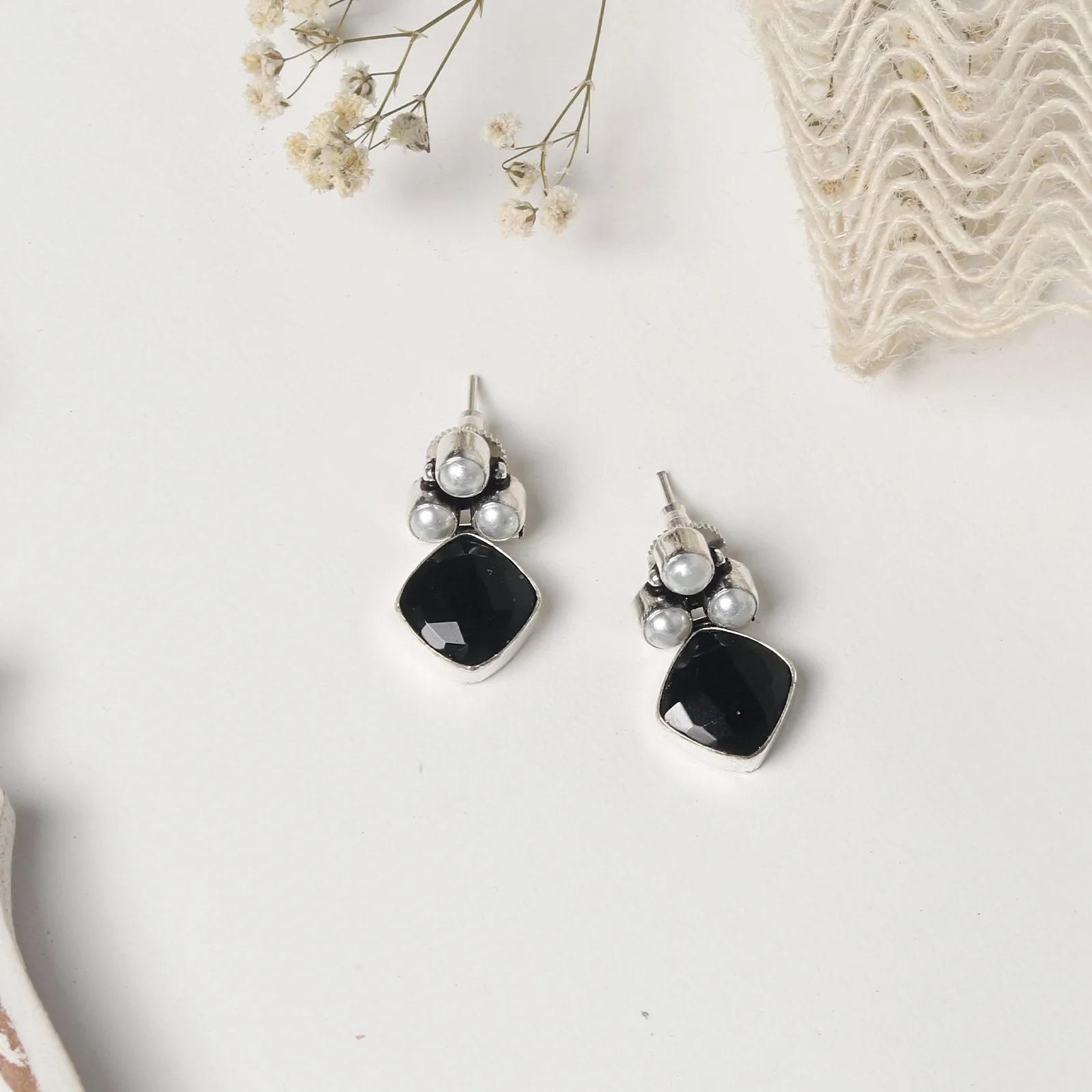 Teejh Delisha Black Stone Silver Oxidised Stud Earrings - Image 2