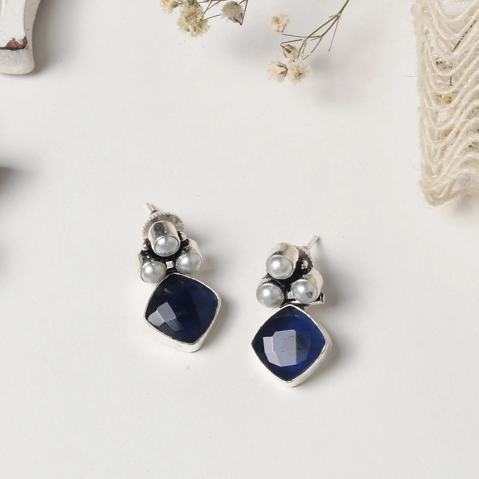 Teejh Delisha Blue Stone Silver Oxidised Stud Earrings - Image 2