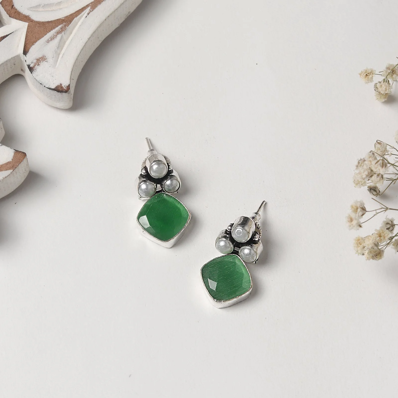 Teejh Delisha Green Stone Silver Oxidised Stud Earrings