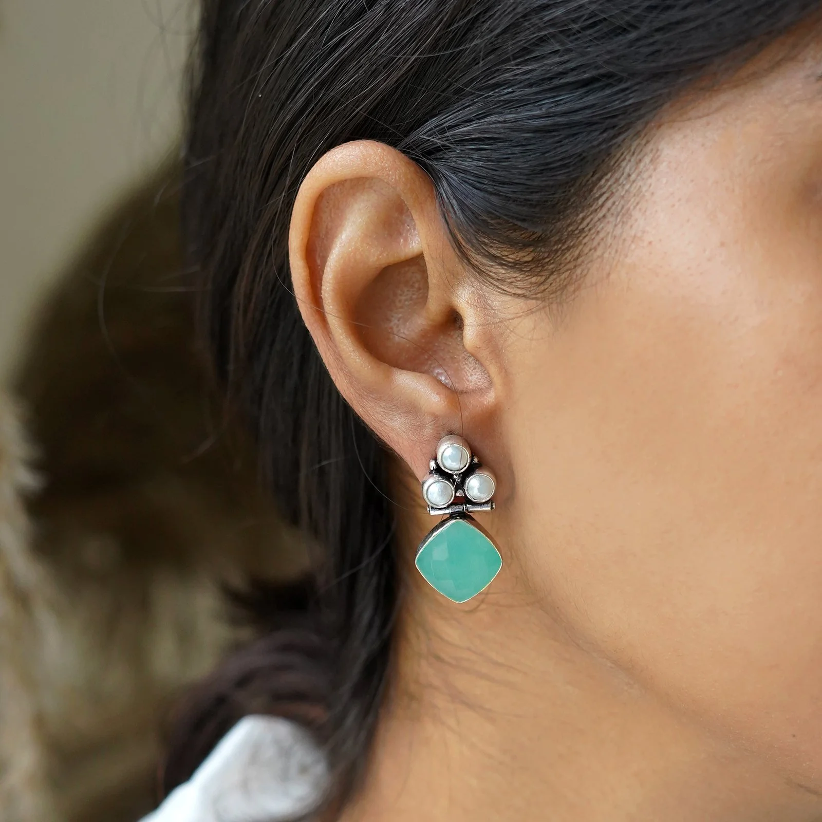 Teejh Delisha Light Blue Stone Silver Oxidised Stud Earrings