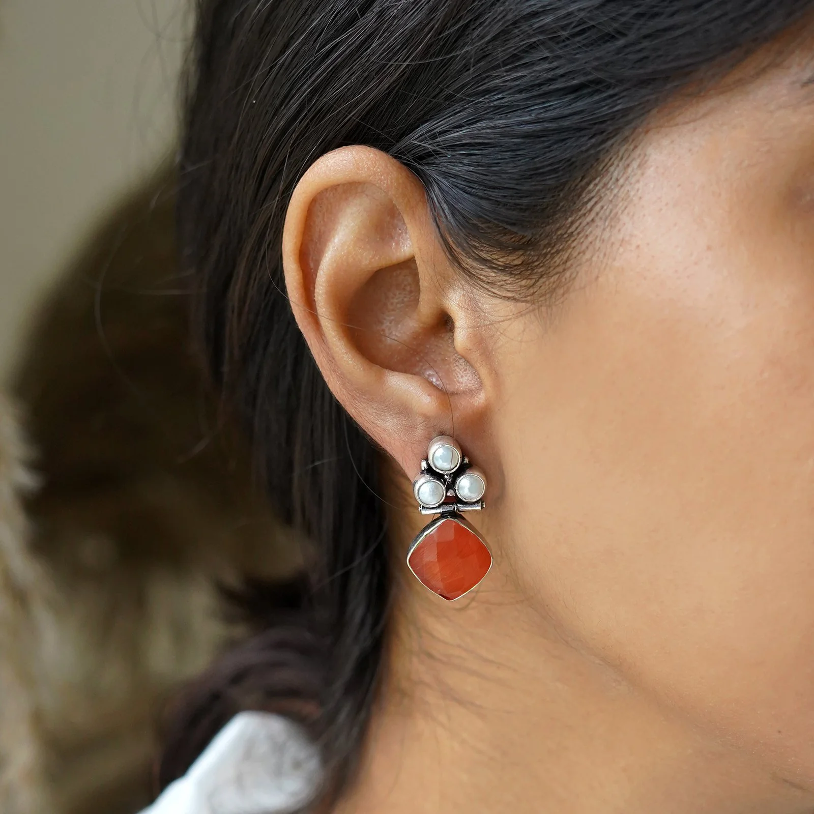 Teejh Delisha Orange Stone Silver Oxidised  Stud Earrings