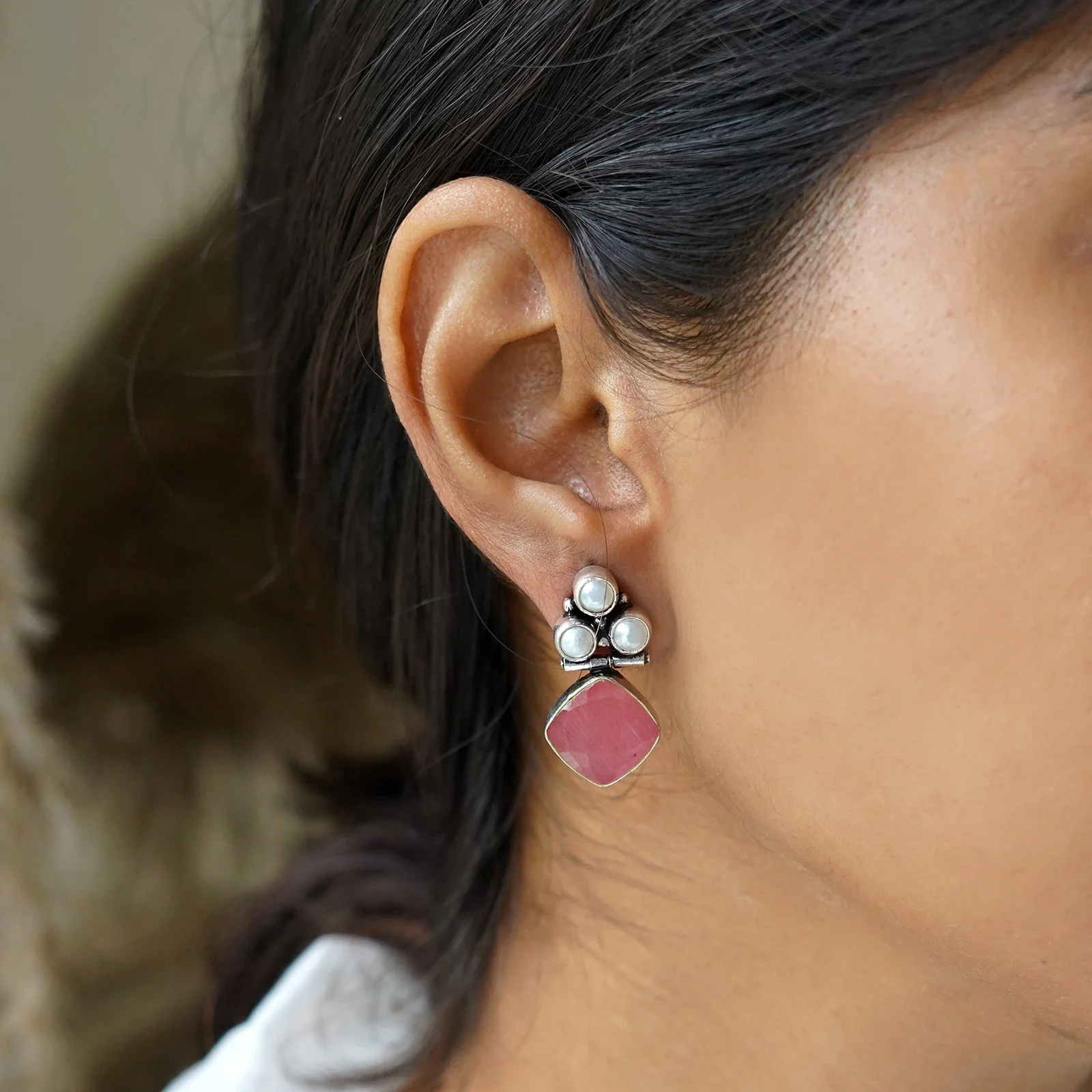 Teejh Delisha Pink Stone Silver Oxidised Stud Earrings