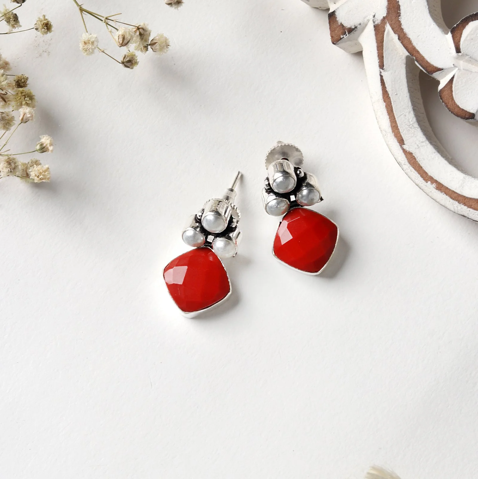 Teejh Delisha Red Stone Silver Oxidised Stud Earrings - Image 2