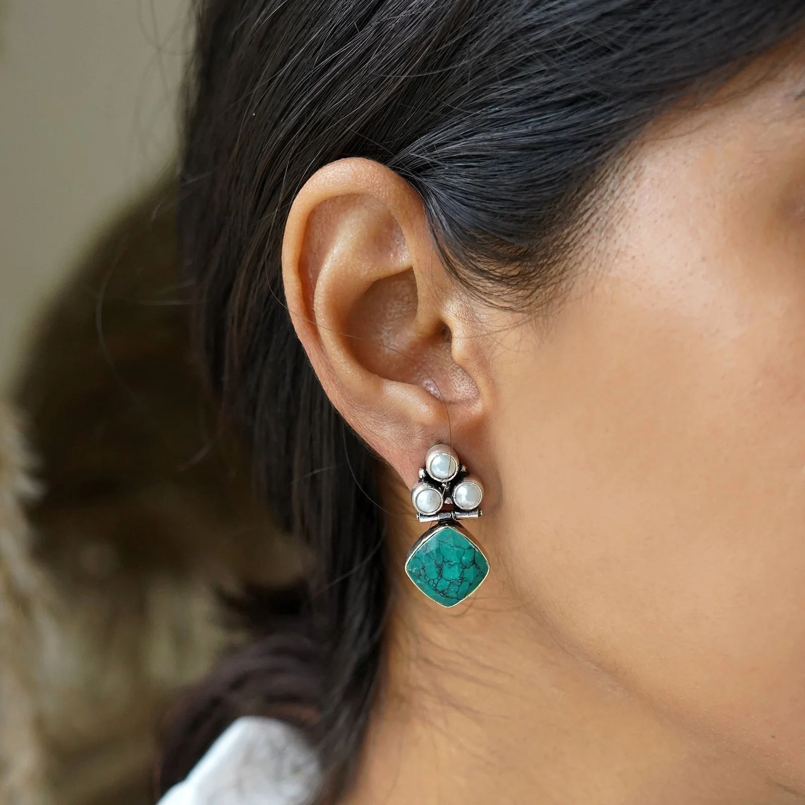 Teejh Delisha Turquoise Stone Silver Oxidised Stud Earrings