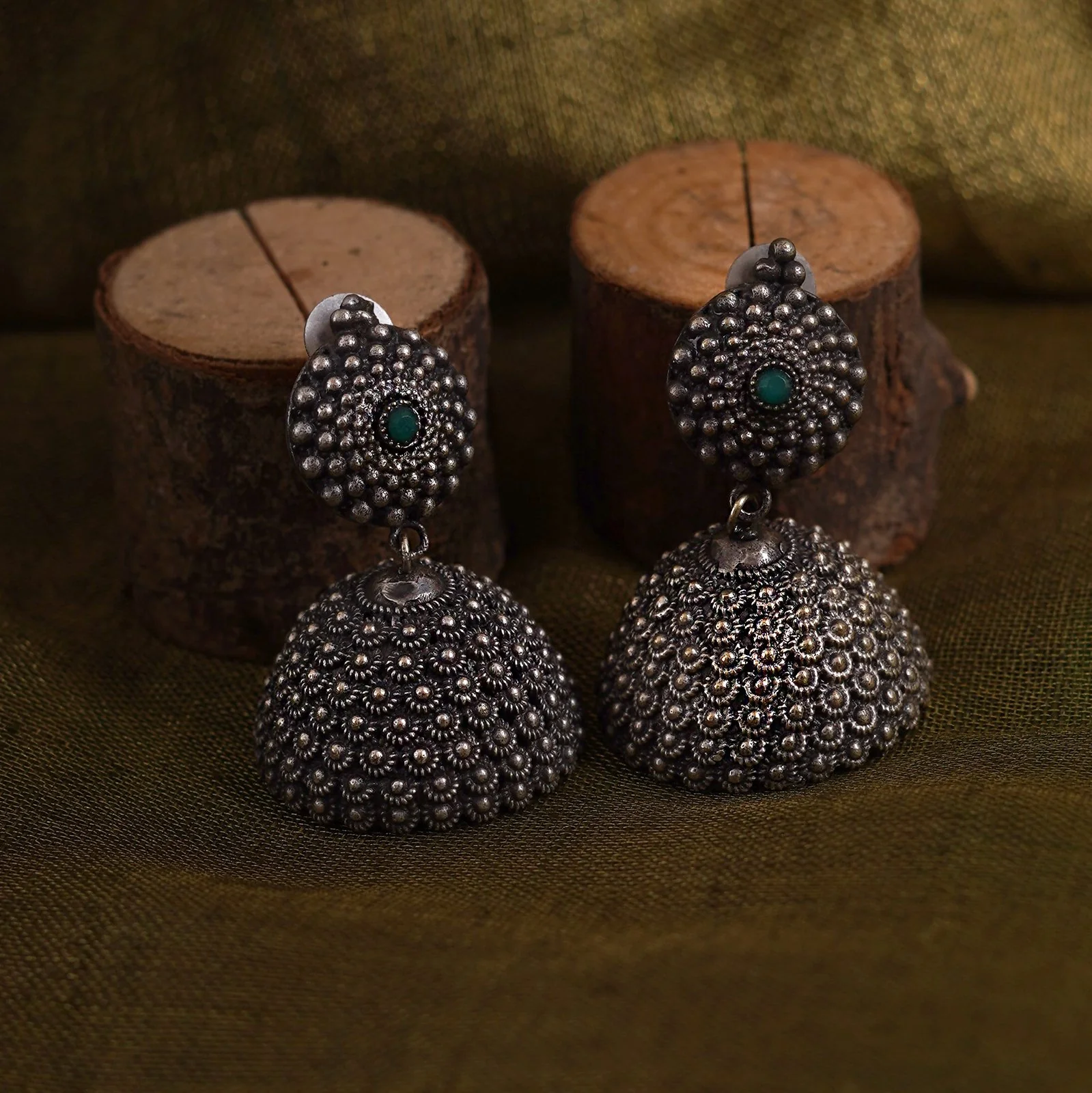 Teejh Dharvi Green Stone Antique Silver Jhumki