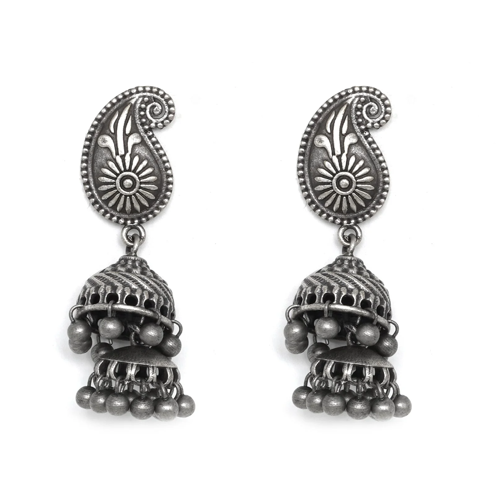 Teejh Mango Butti Silver Oxidised Jhumki - Image 2