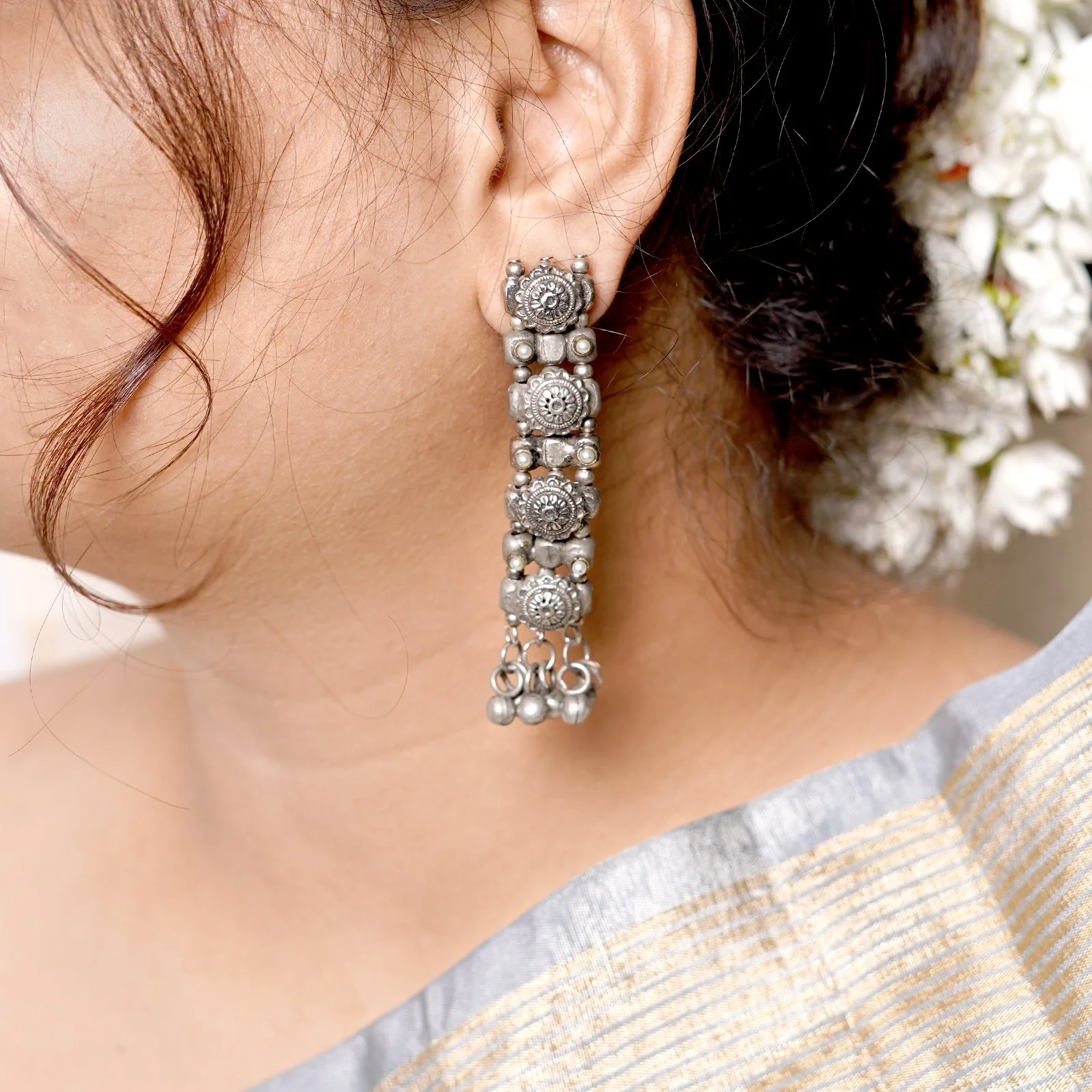 Manu Circular Ghungroo Silver Oxidised Earrings - Image 2