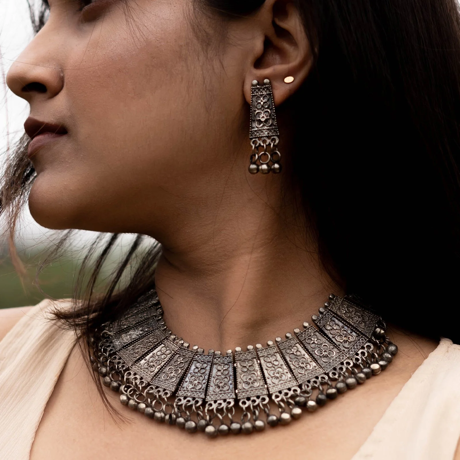 Teejh Mihira Ethnic Silver Oxidised Choker Necklace Set