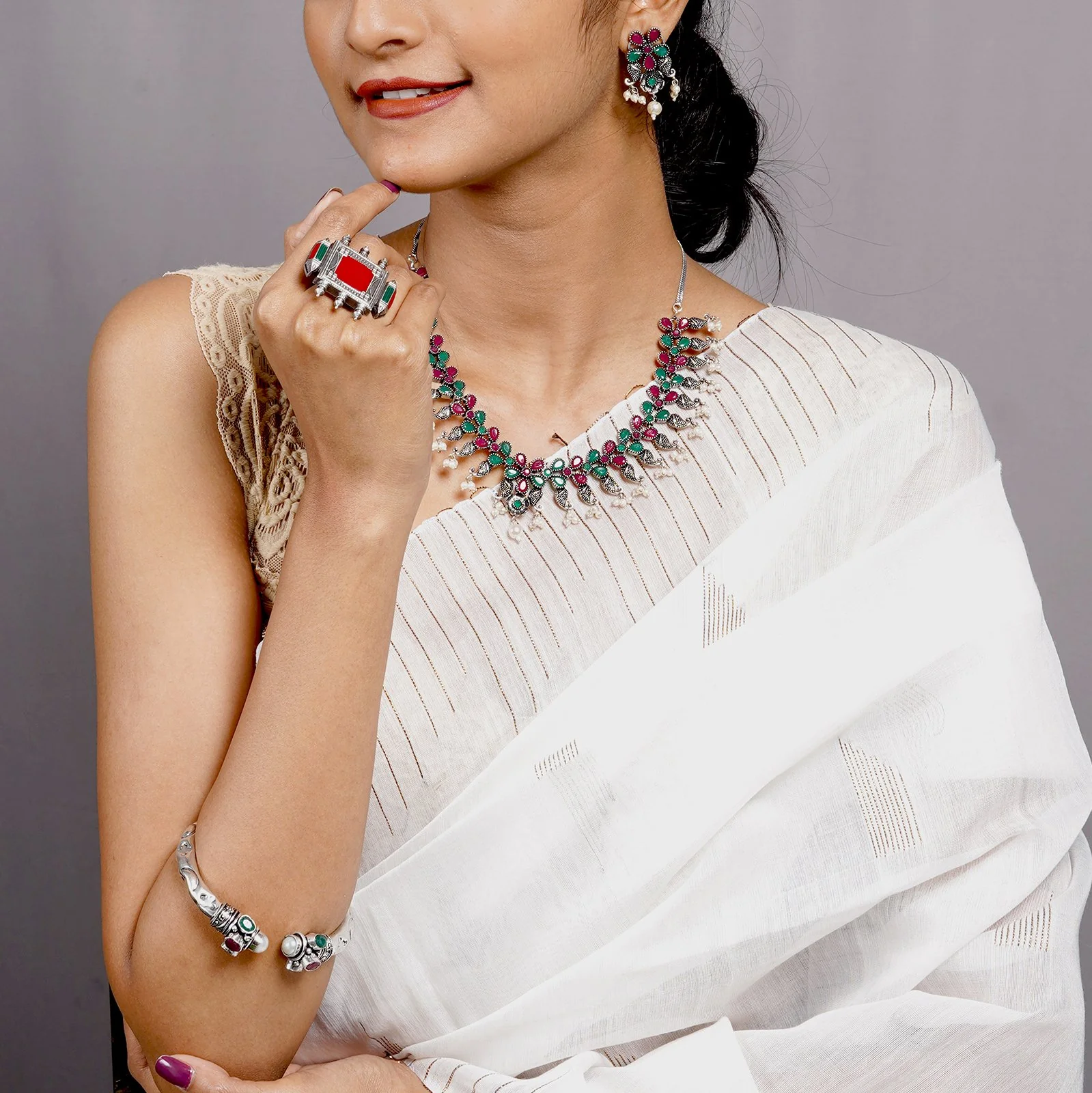 Teejh Namasya Multi Colored Silver Oxidized Jewelry Gift Set
