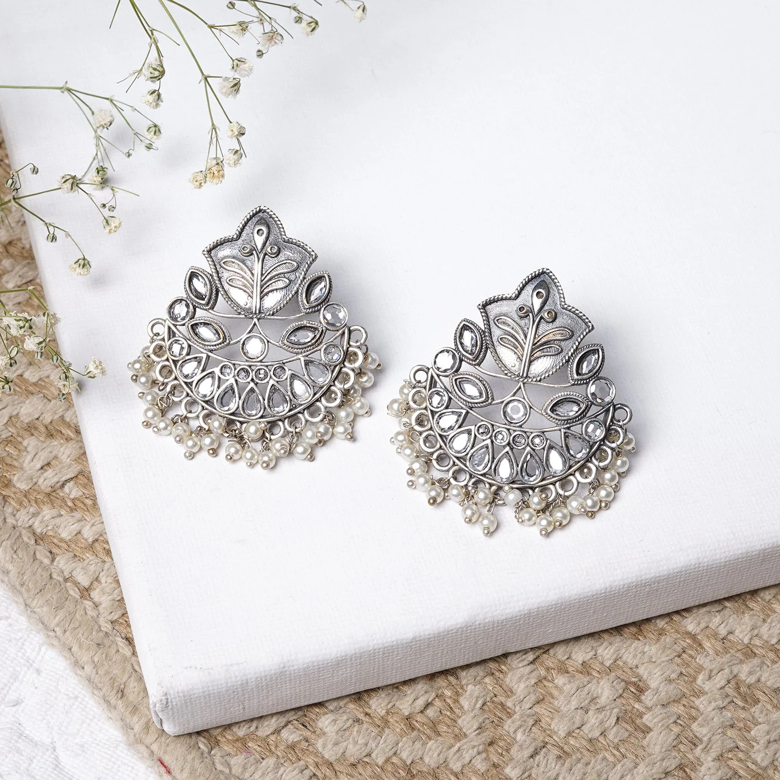 Teejh Nimrat White Stone Silver Oxidised Earrings