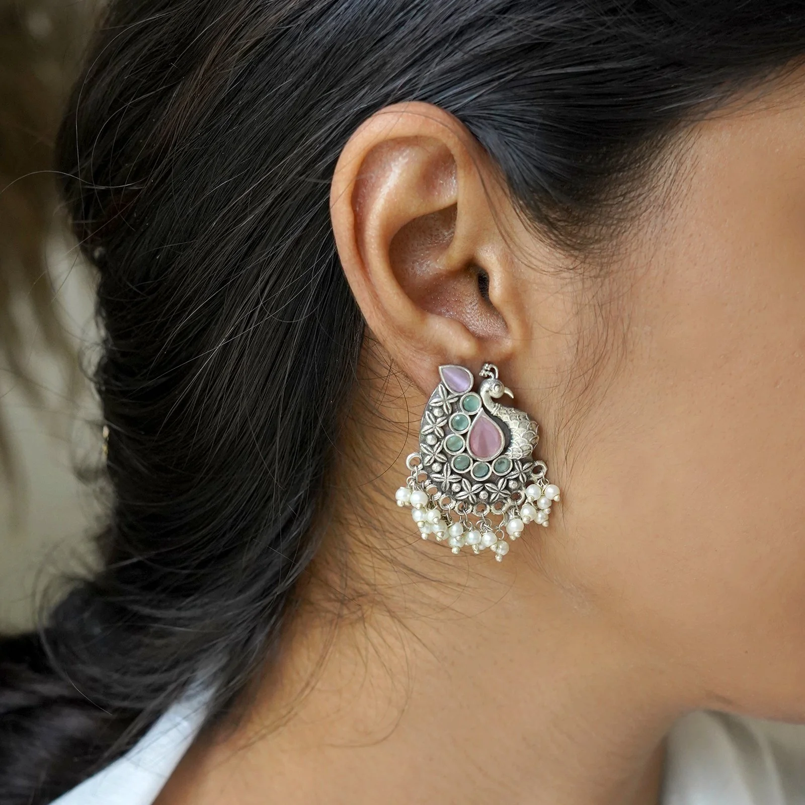 Teejh Nirali Pink & White Silver Oxidised Earrings