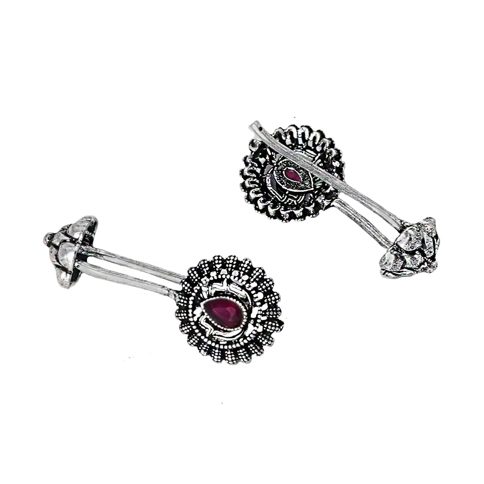 Teejh Nitara Red Stone Silver Oxidised Clip On Bugadi - Image 5