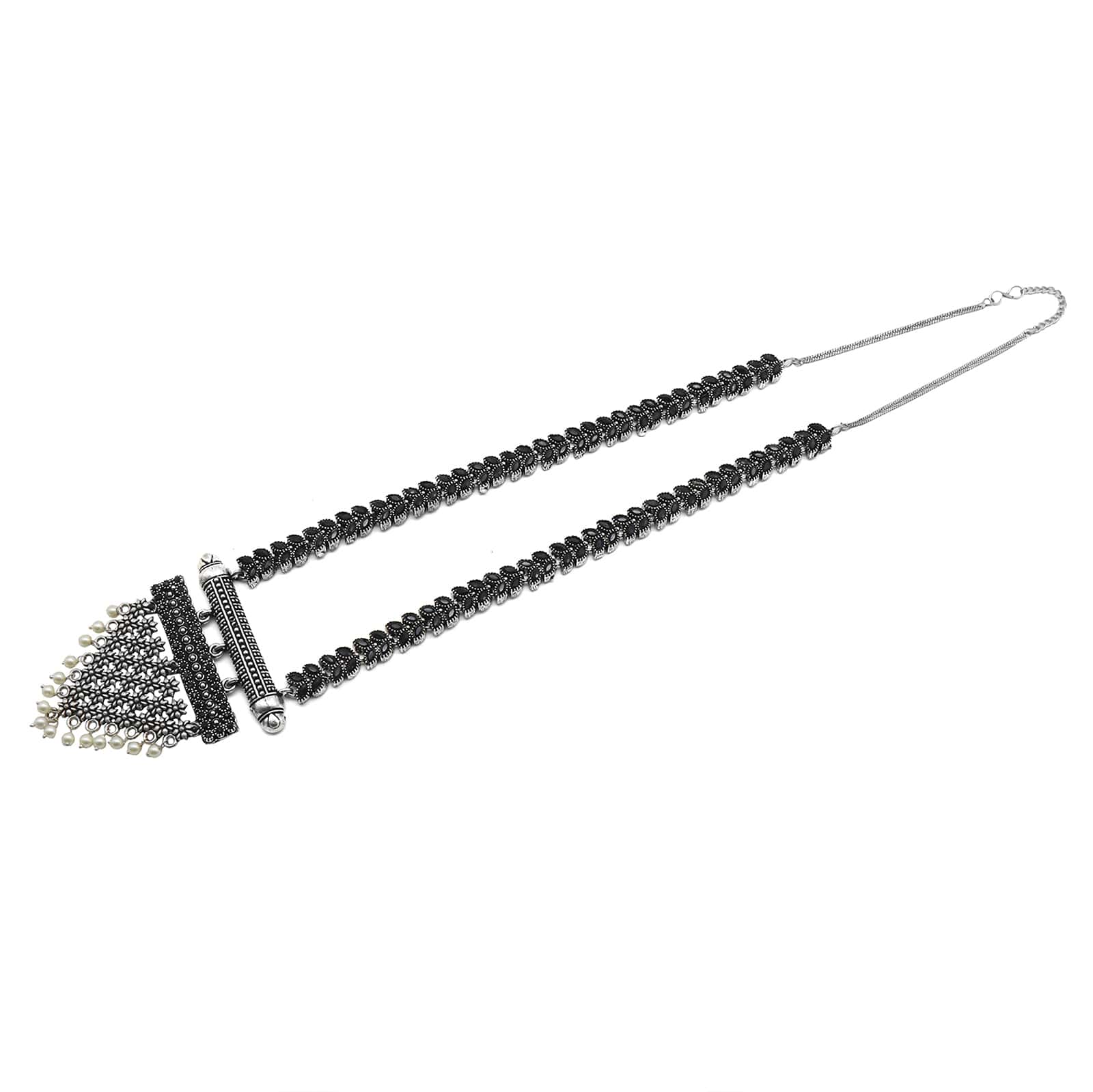 Niti Black Stone Silver Oxidized Long Necklace Set - Image 7