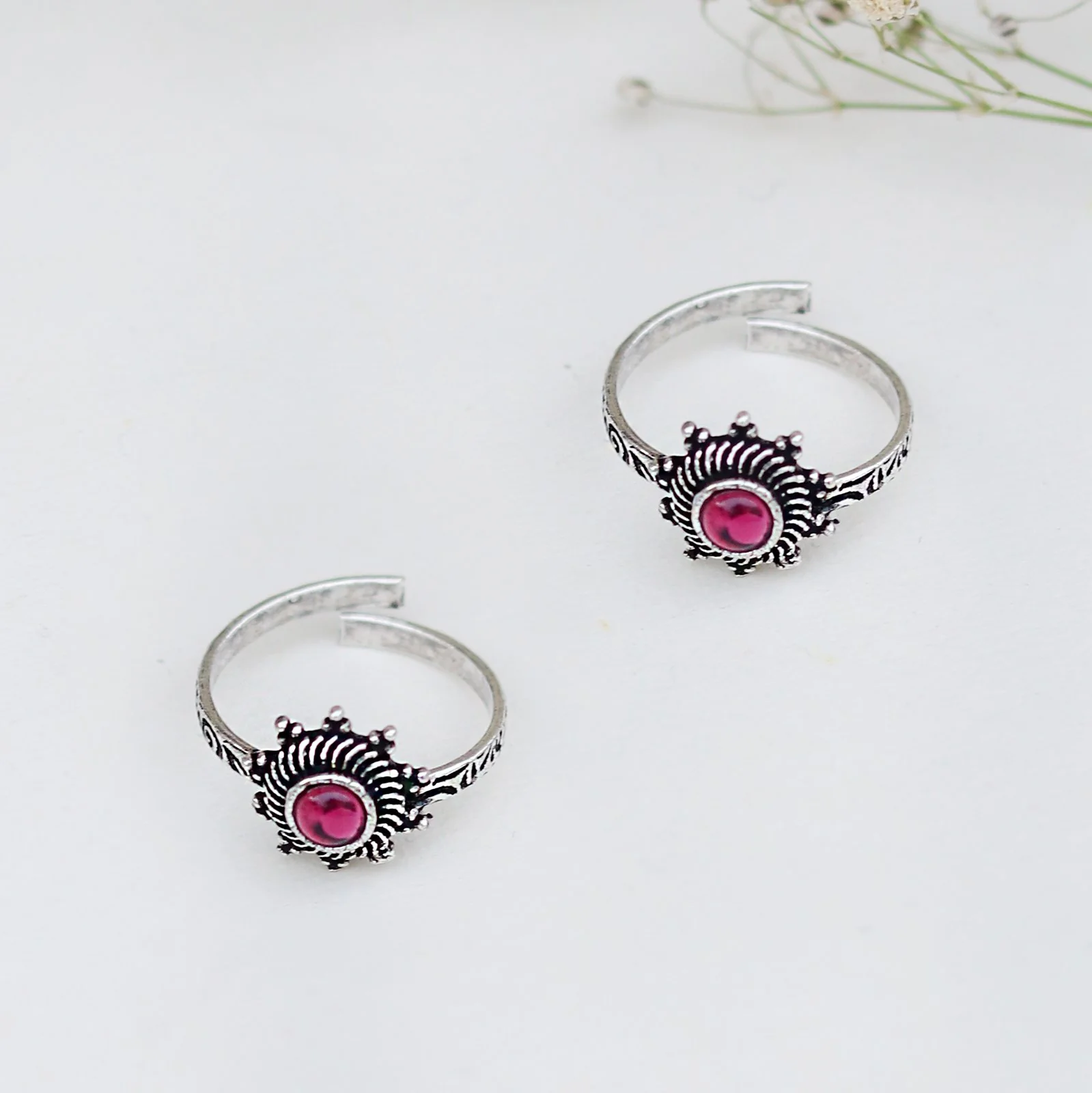 Teejh Rishika Pink Stone Silver Oxidised Toe Rings
