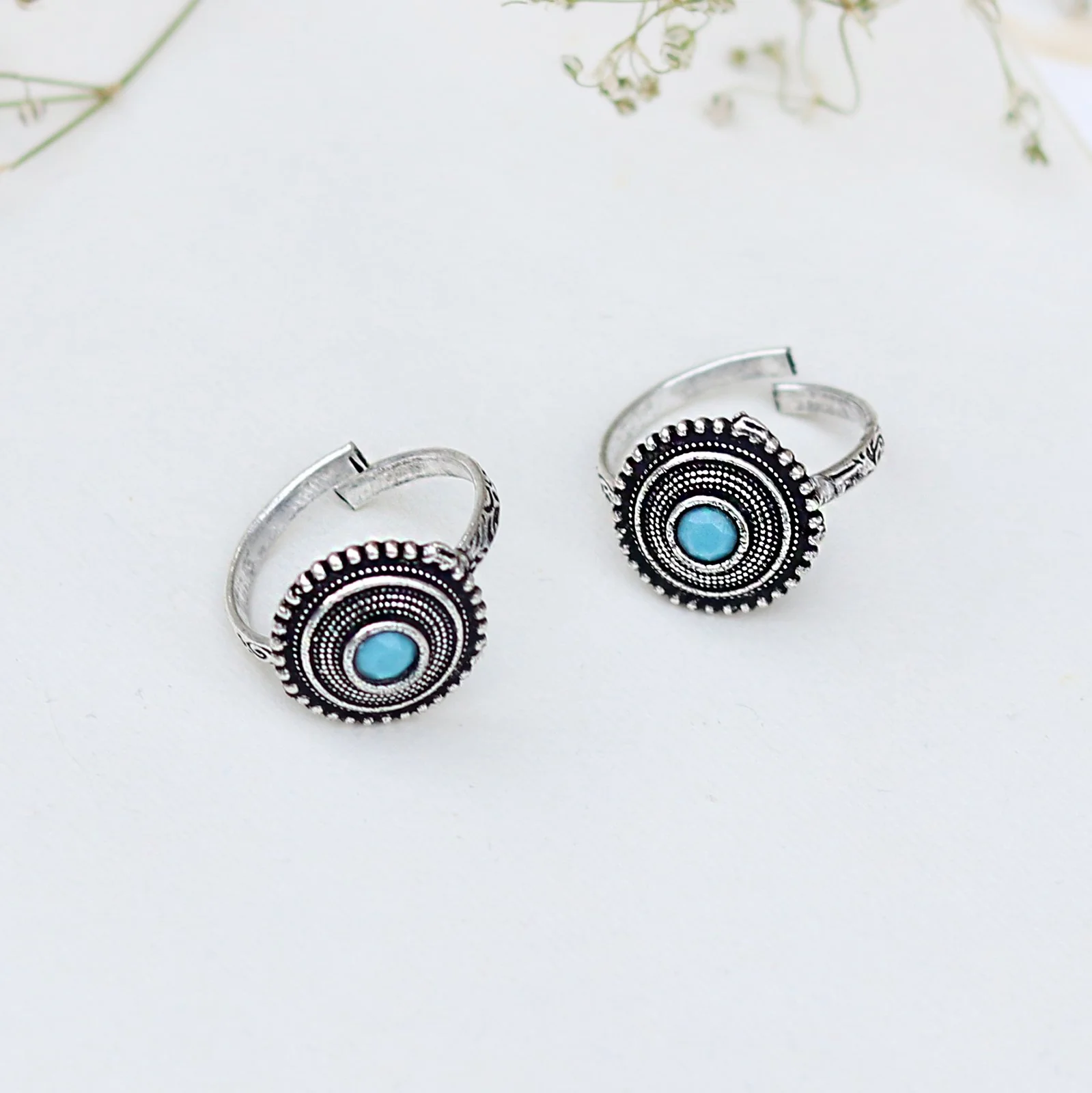 Teejh Shaanvi Light Blue Stone Silver Oxidised Toe Rings
