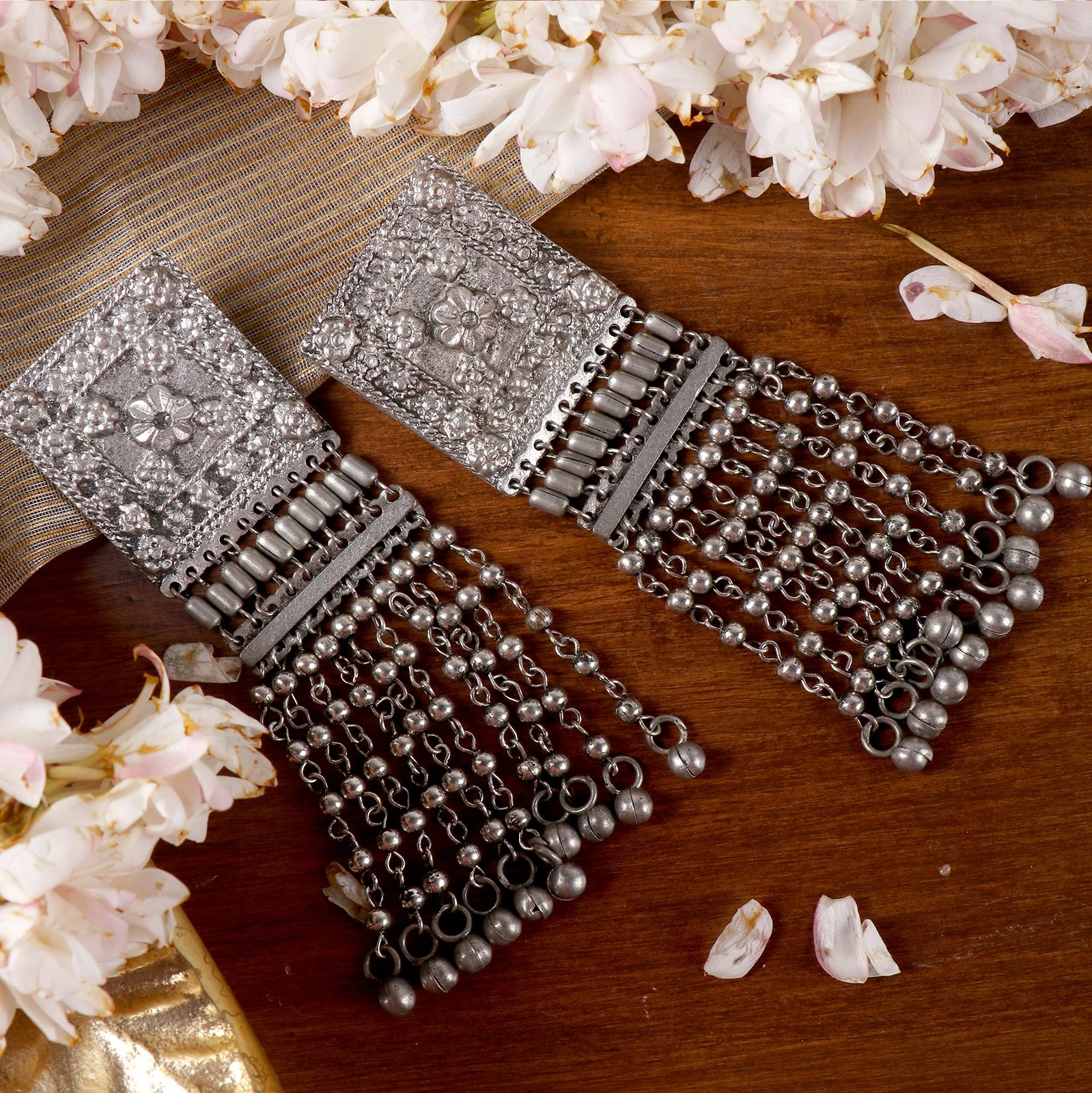 Sneha Square Motif Silver Ghungroo Oxidised Earrings