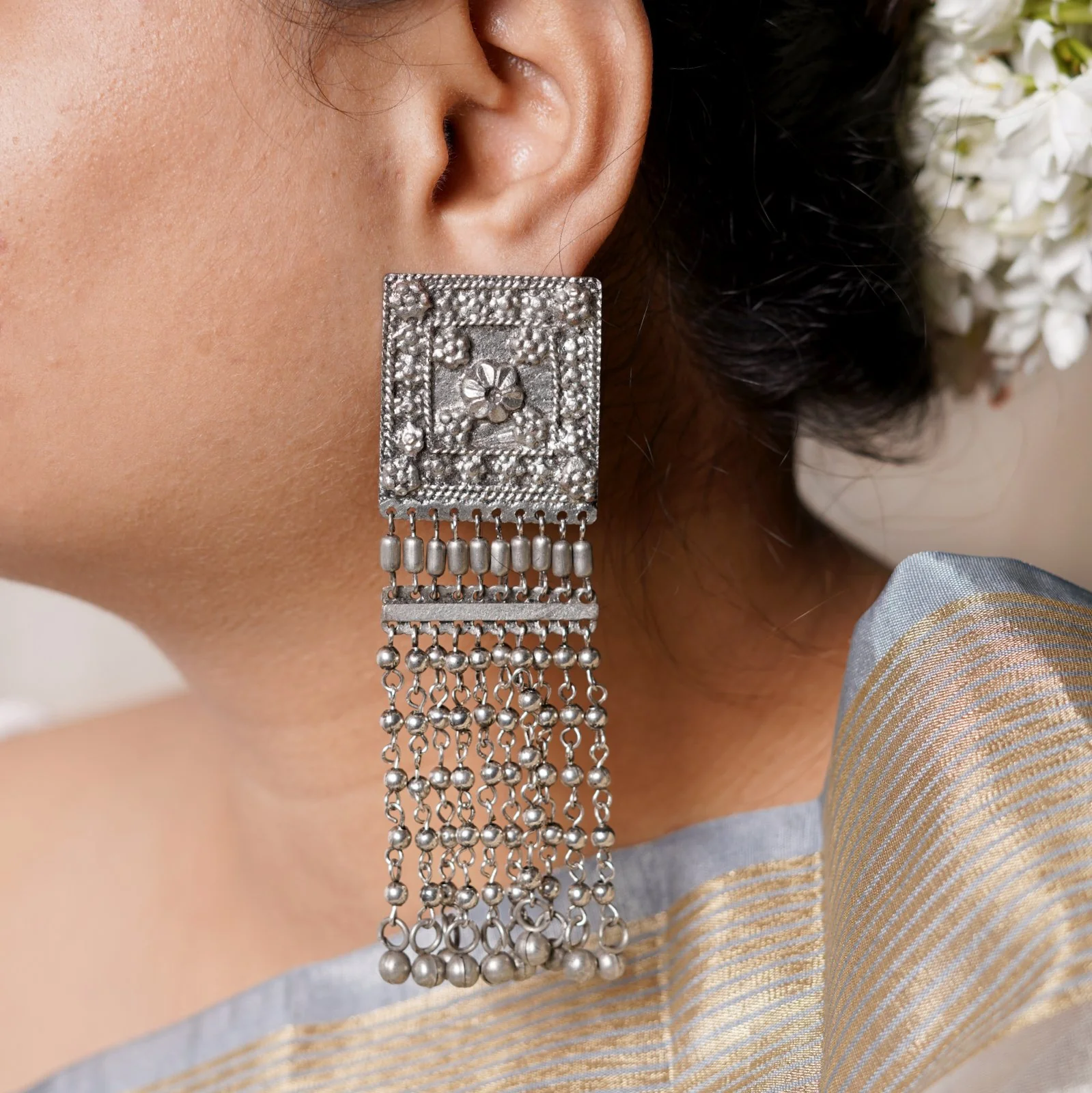 Sneha Square Motif Silver Ghungroo Oxidised Earrings - Image 2