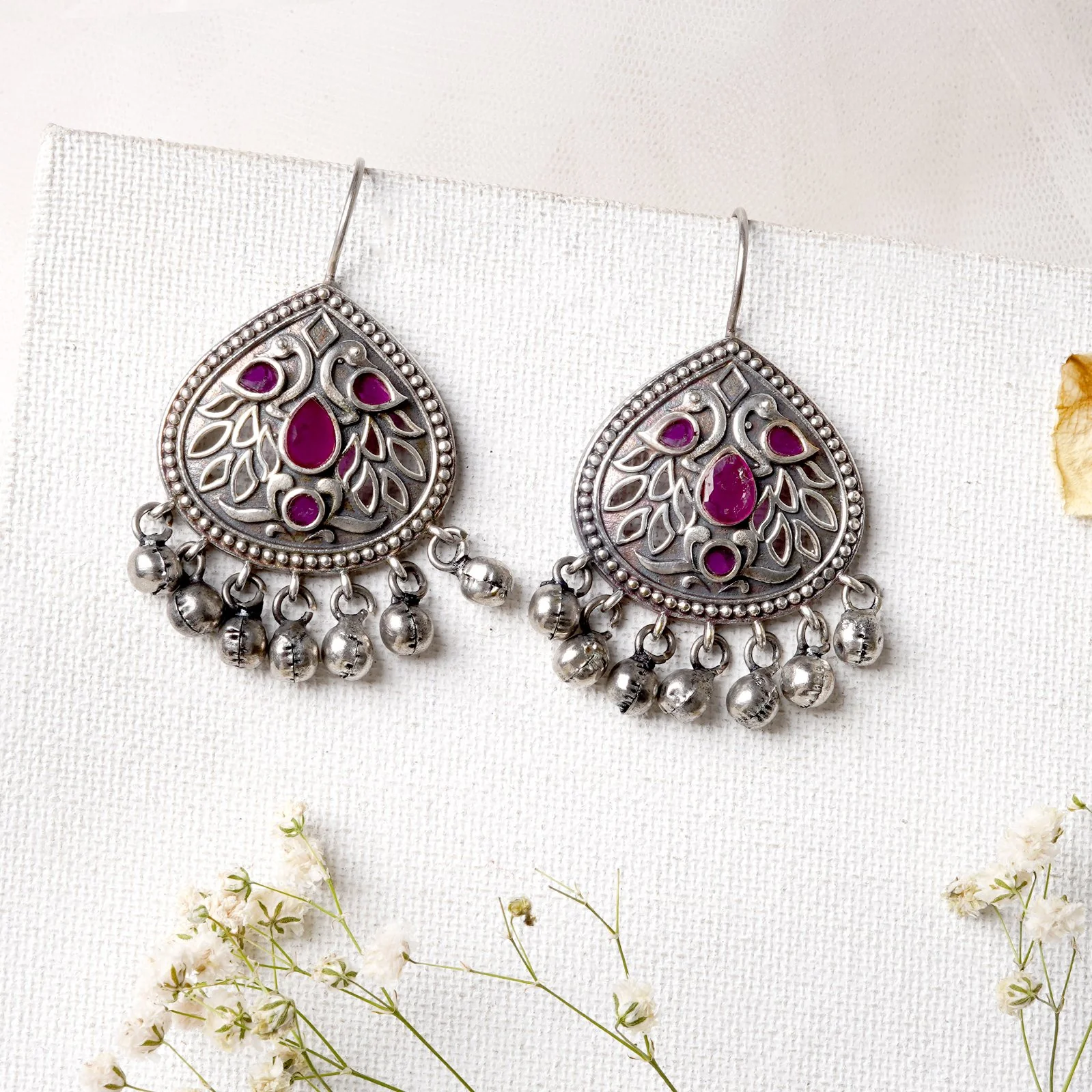 Teejh Vanya Silver Oxidised Red Earrings