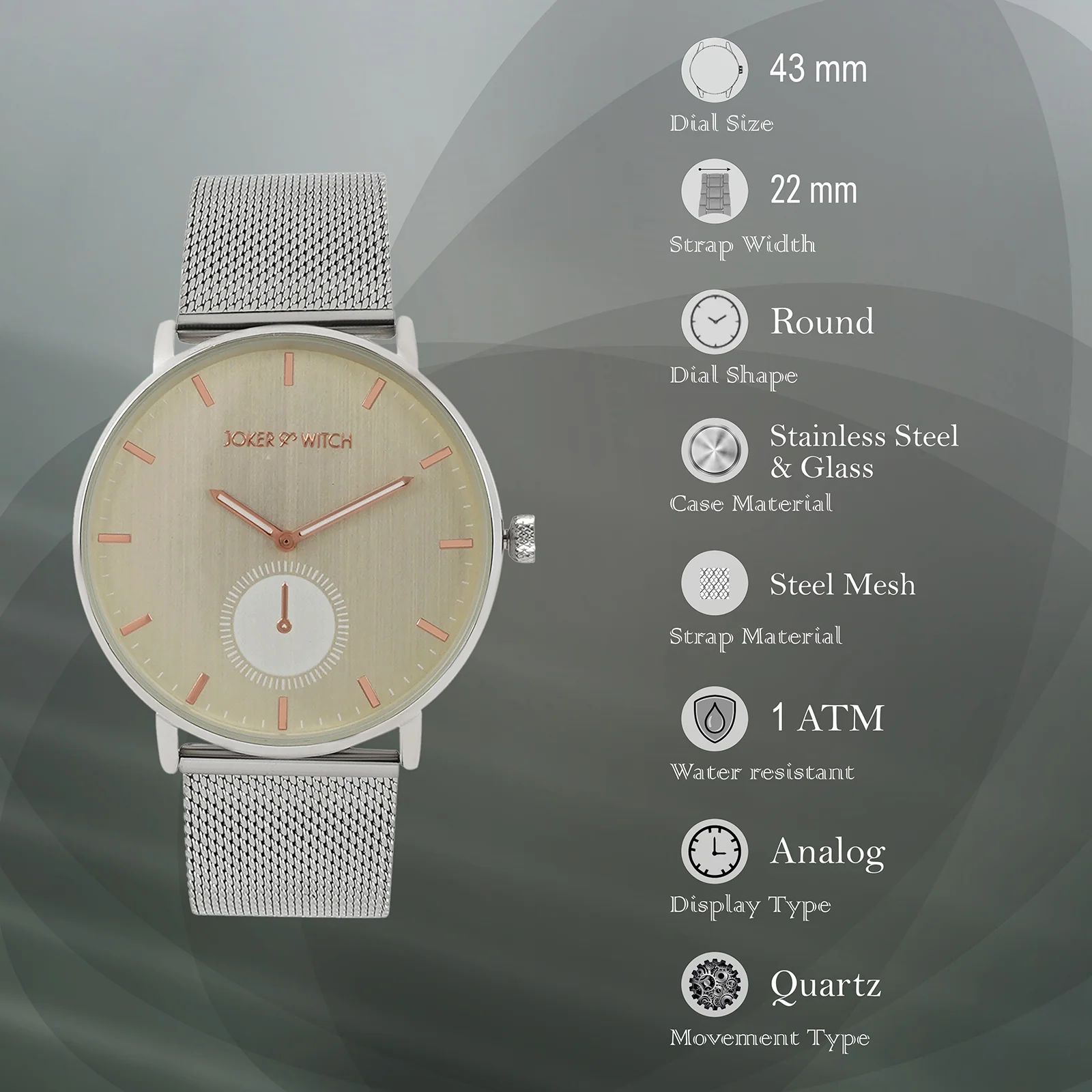 Vancouver Beige Large Dial Silver Mesh Strap Men's Watch - Image 7