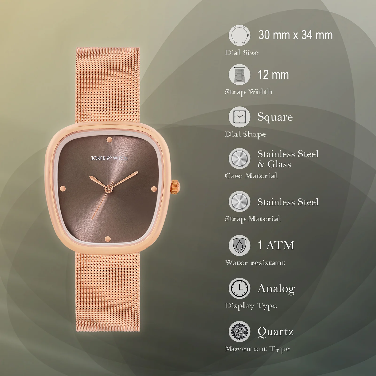 Verity Mocha Medium Square Dial Rose Gold Mesh Strap Women's Watch - Image 7