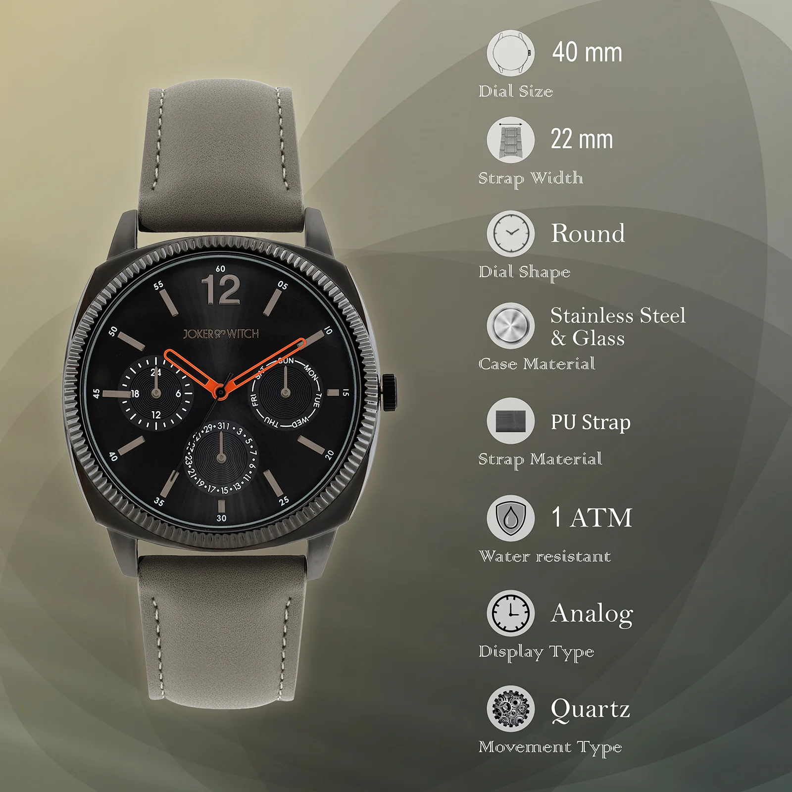 Viking Black Large Dial Grey PU Strap Men's Watch - Image 7