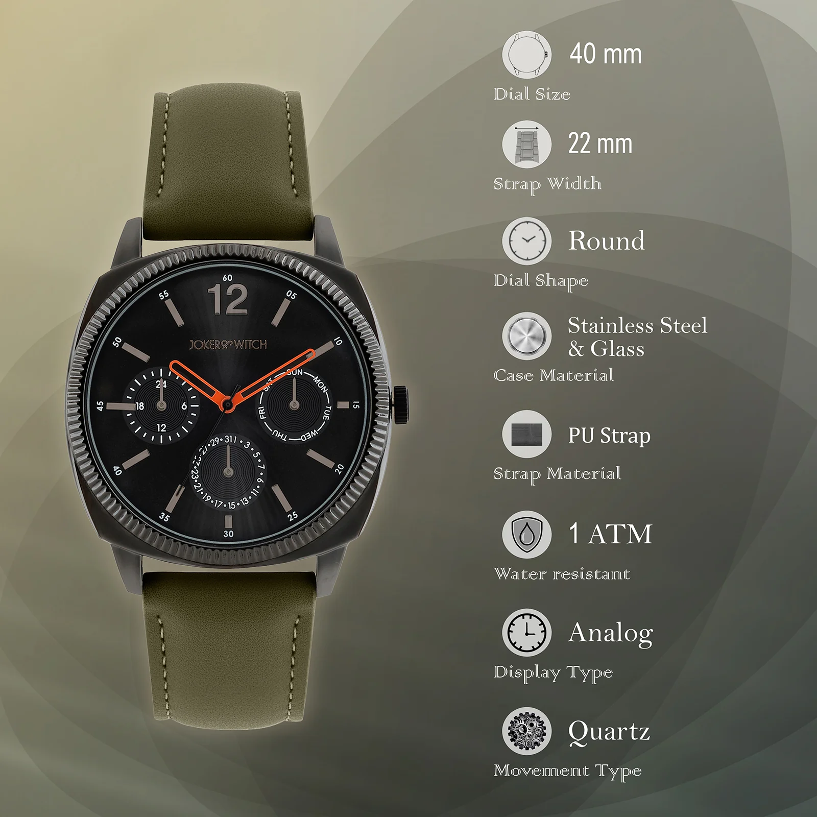 Viking Black Large Dial Olive PU Strap Men's Watch - Image 7